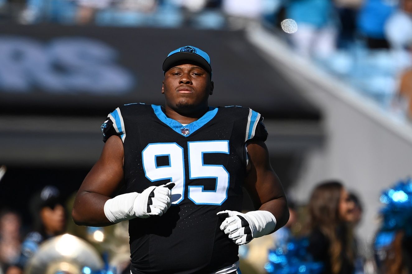 Nov 19, 2023; Charlotte, North Carolina, USA; Carolina Panthers defensive tackle Derrick Brown (95) before the game at Bank of America Stadium. Mandatory Credit: Bob Donnan-USA TODAY Sports