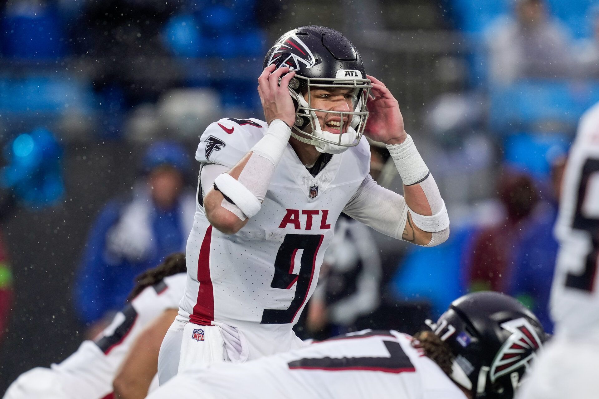 Atlanta Falcons quarterback Desmond Ridder (9) calls a signal during the second quarter against the Carolina Panthers at Bank of America Stadium.