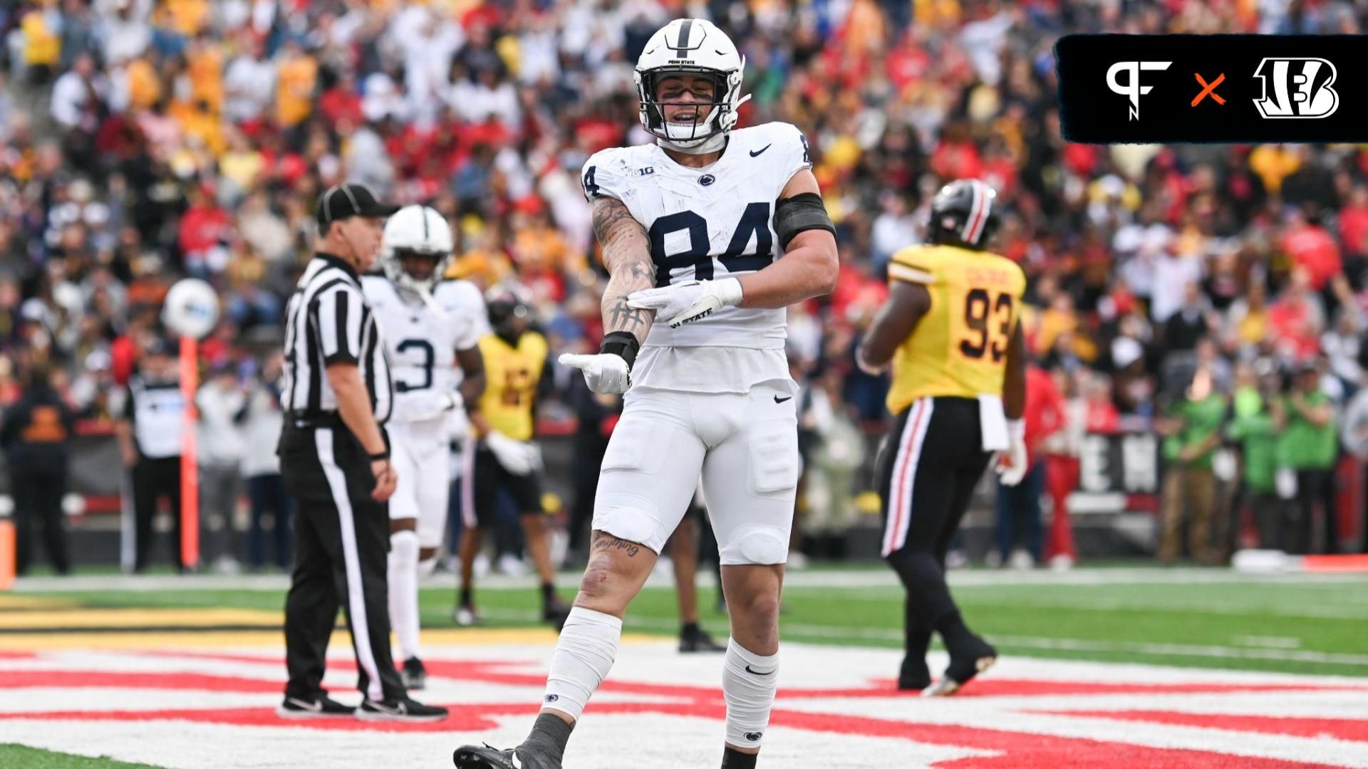 Penn State Nittany Lions tight end Theo Johnson (84) reacts after catching a shovel pass for a touchdown during the first half against the Maryland Terrapins at SECU Stadium.