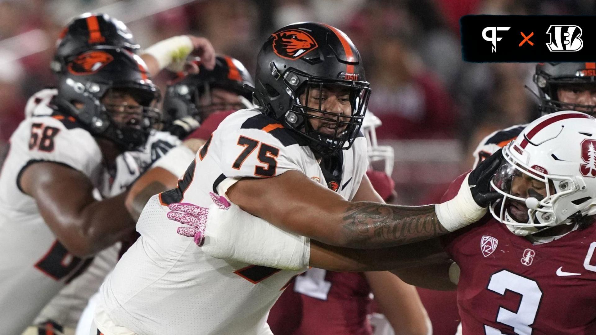 Oregon State Beavers offensive lineman Taliese Fuaga (75) blocks Stanford Cardinal linebacker Levani Damuni (3) during the first quarter at Stanford Stadium.