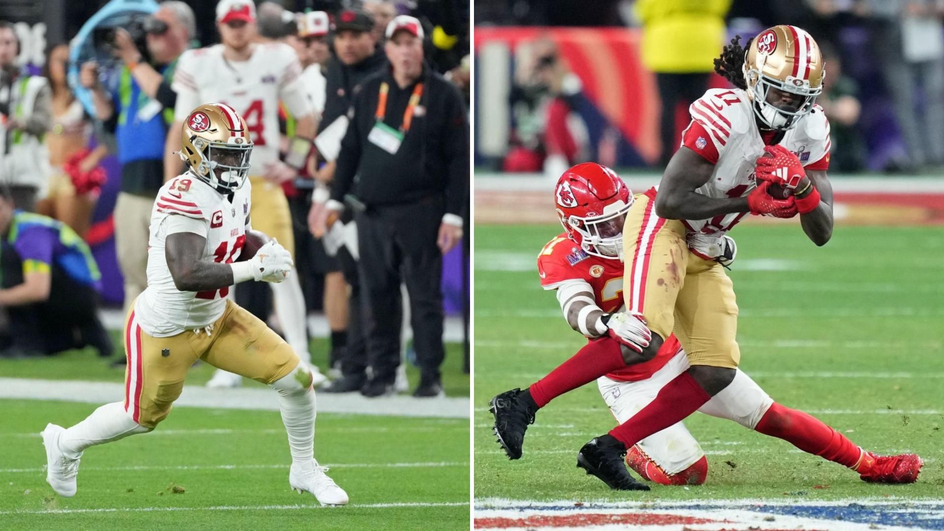 Kansas City Chiefs safety Mike Edwards (21) tackles San Francisco 49ers wide receiver Brandon Aiyuk (11) during overtime of Super Bowl LVIII at Allegiant Stadium.