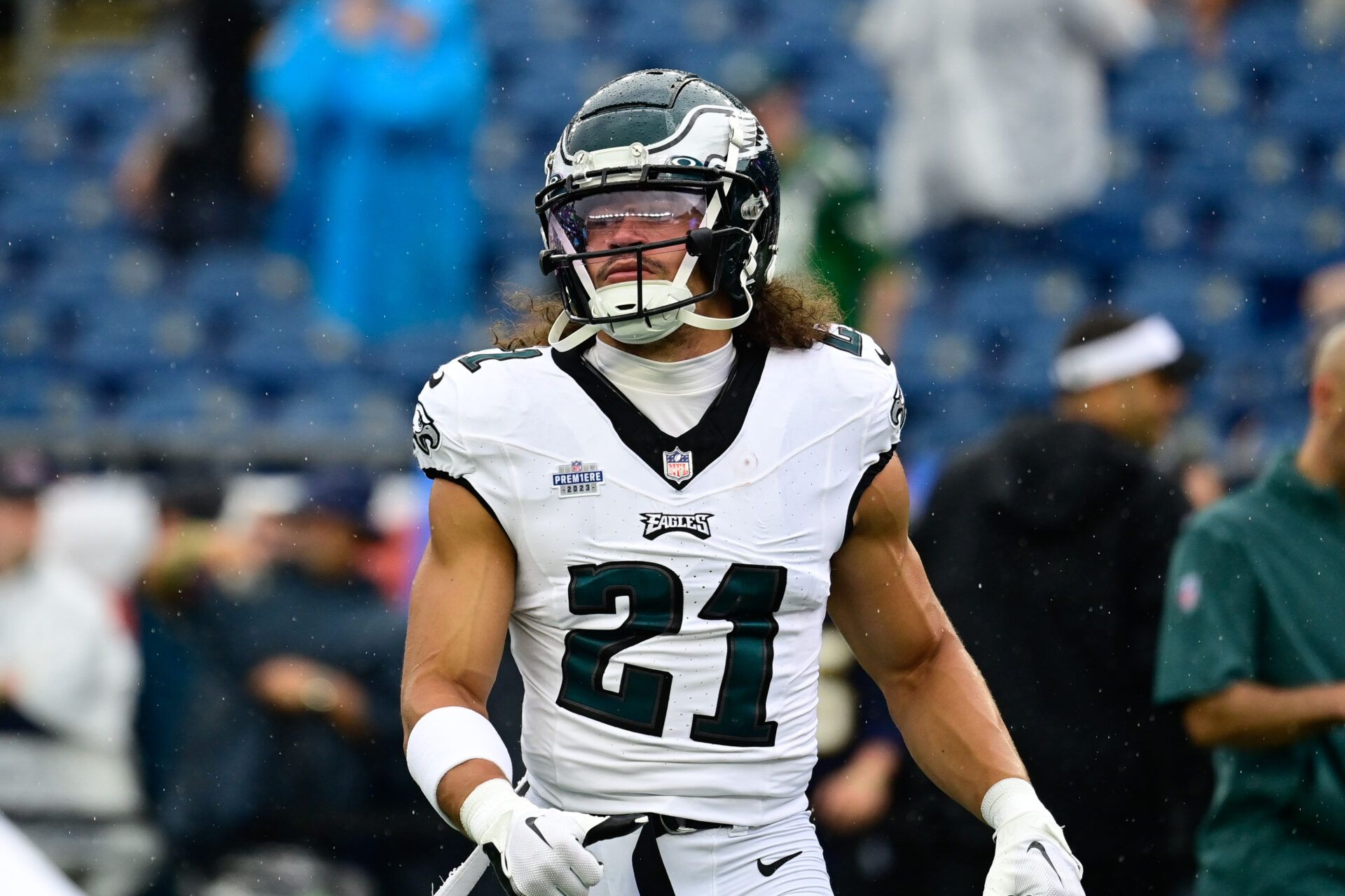 Philadelphia Eagles safety Sydney Brown (21) prepares for a game against the New England Patriots during the warm-up period at Gillette Stadium.