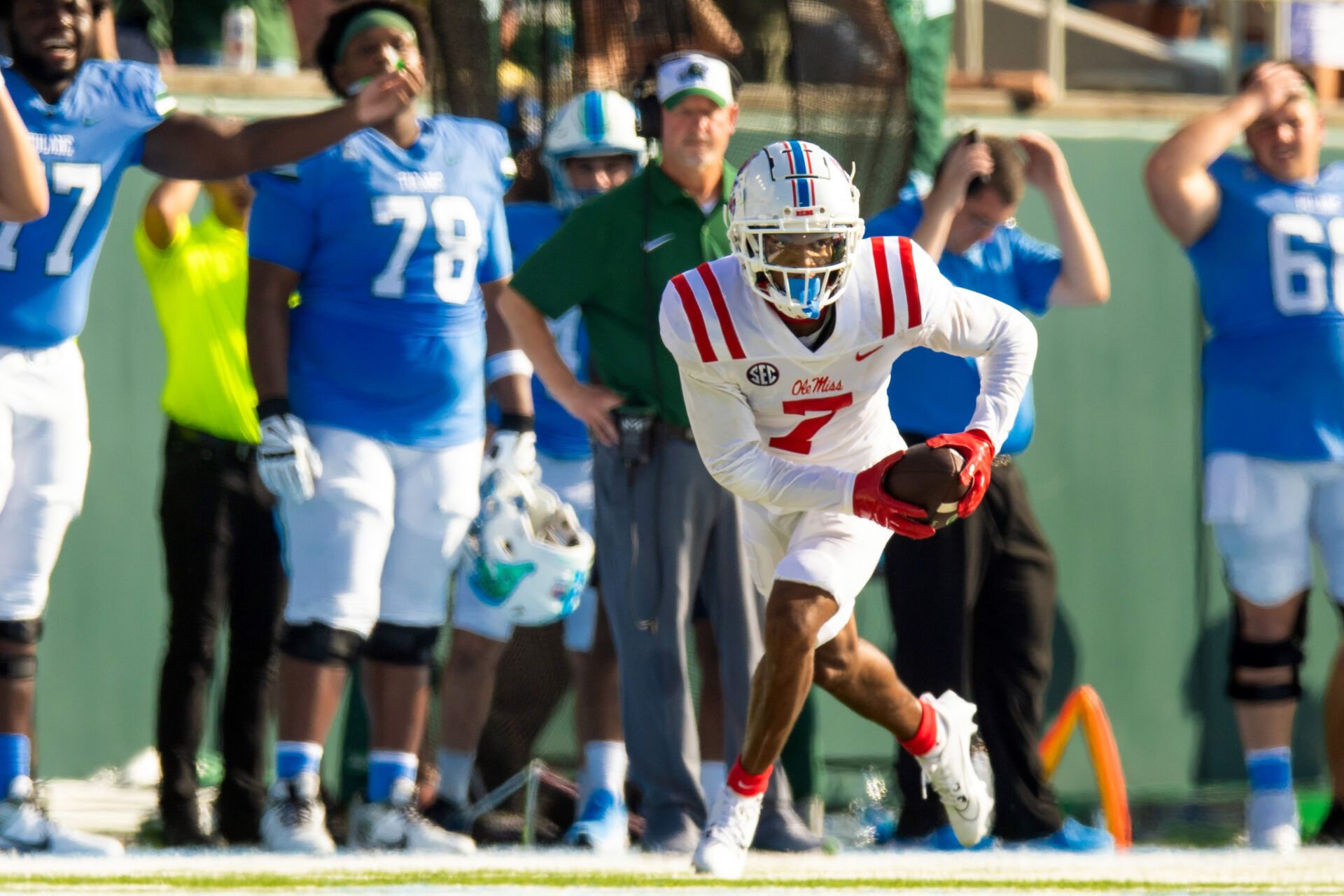 Mississippi Rebels cornerback Deantre Prince (7) intercepts a pass against the Tulane Green Wave during the second half at Yulman Stadium.