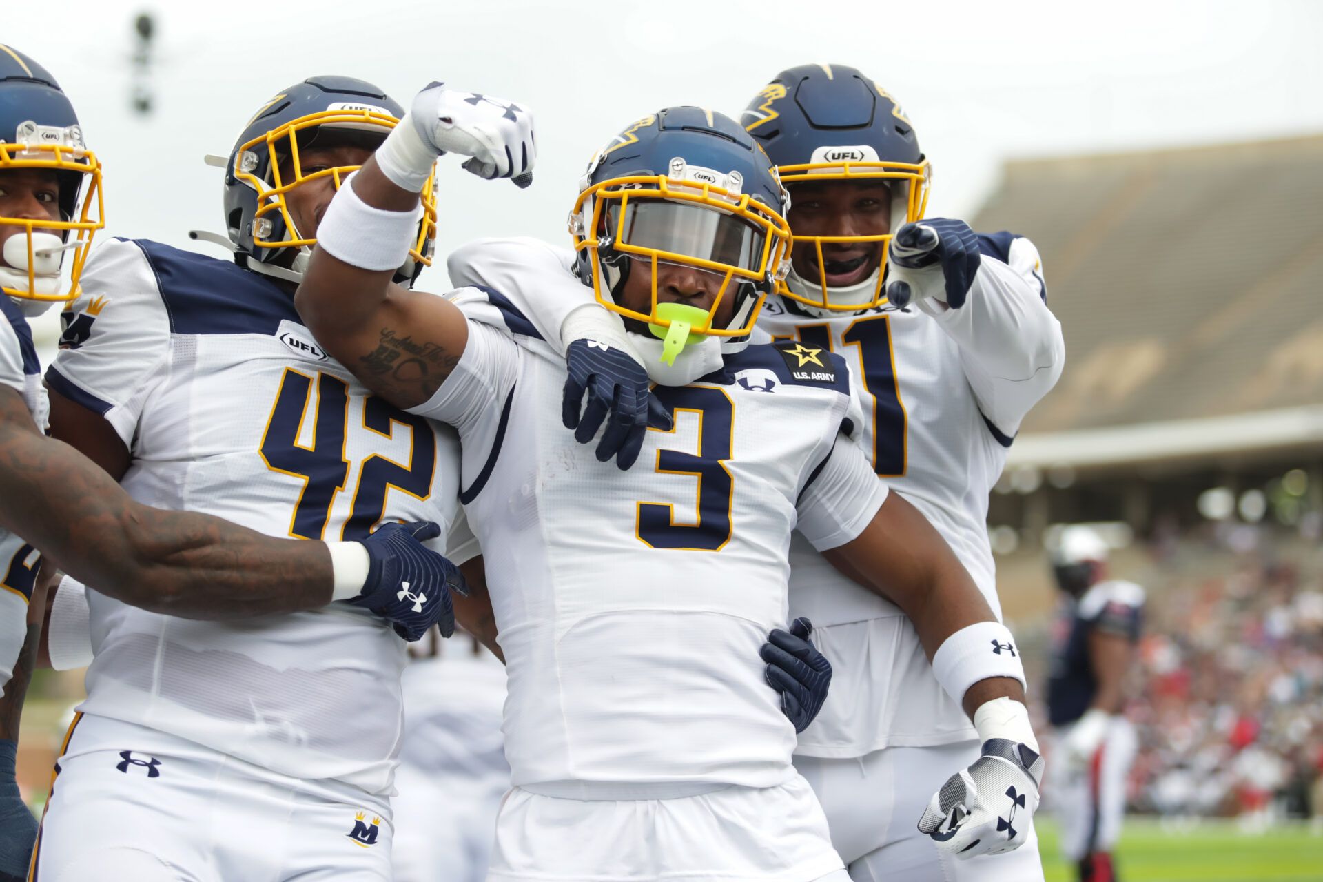 Memphis Showboats safety Christian Mcfarland (3) celebrates in the end zone after returning a fumble for a touchdown in the during the first quarter of a game against the Houston Roughnecks at Rice Stadium.