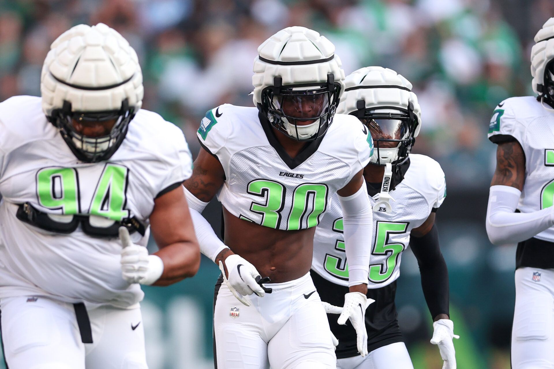 Aug 1, 2024; Philadelphia, PA, USA; Philadelphia Eagles cornerback Quinyon Mitchell (30) during a training camp practice at Lincoln Financial Field. Mandatory Credit: Bill Streicher-USA TODAY Sports