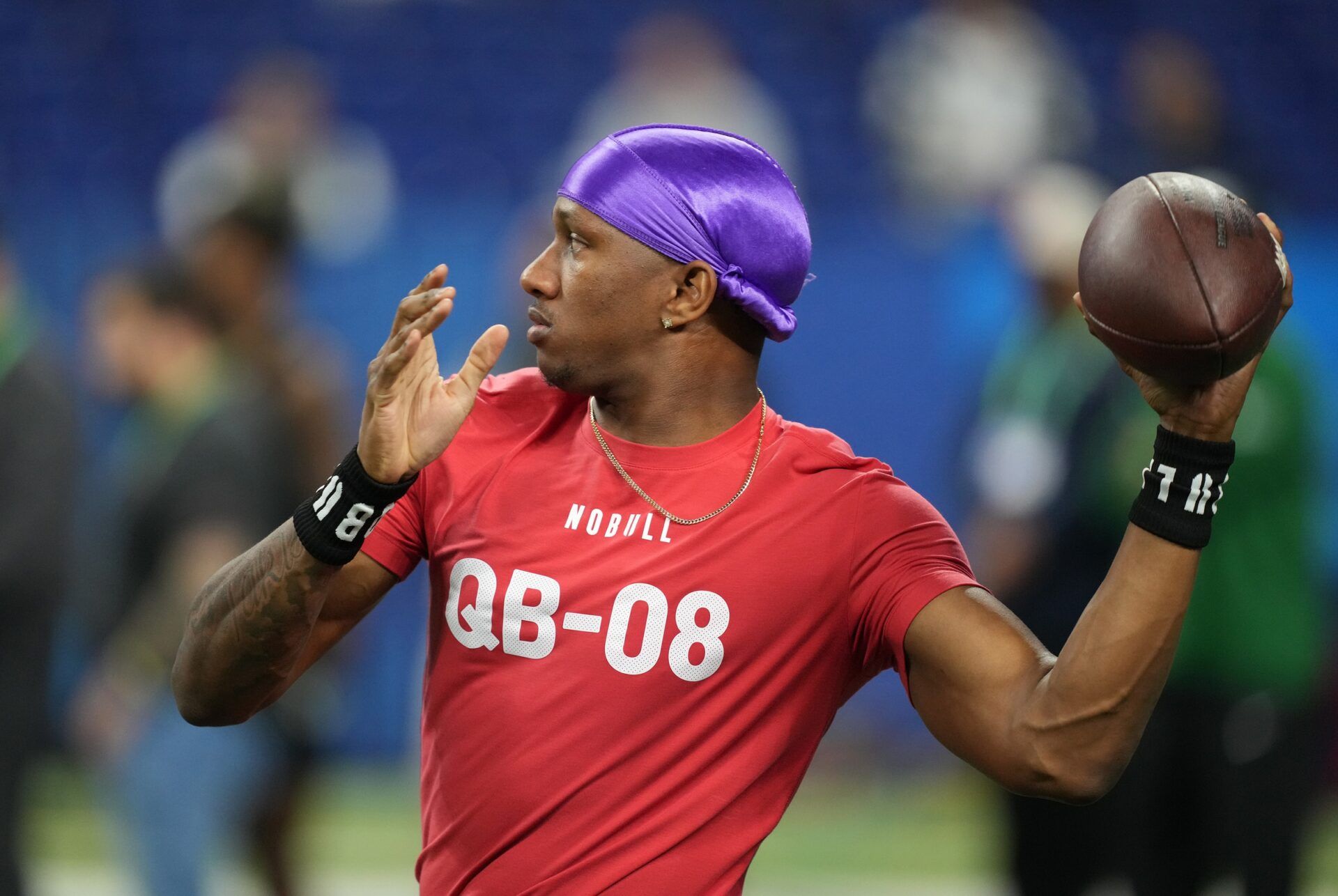 Washington quarterback Michael Penix (QB08) during the 2024 NFL Combine at Lucas Oil Stadium.