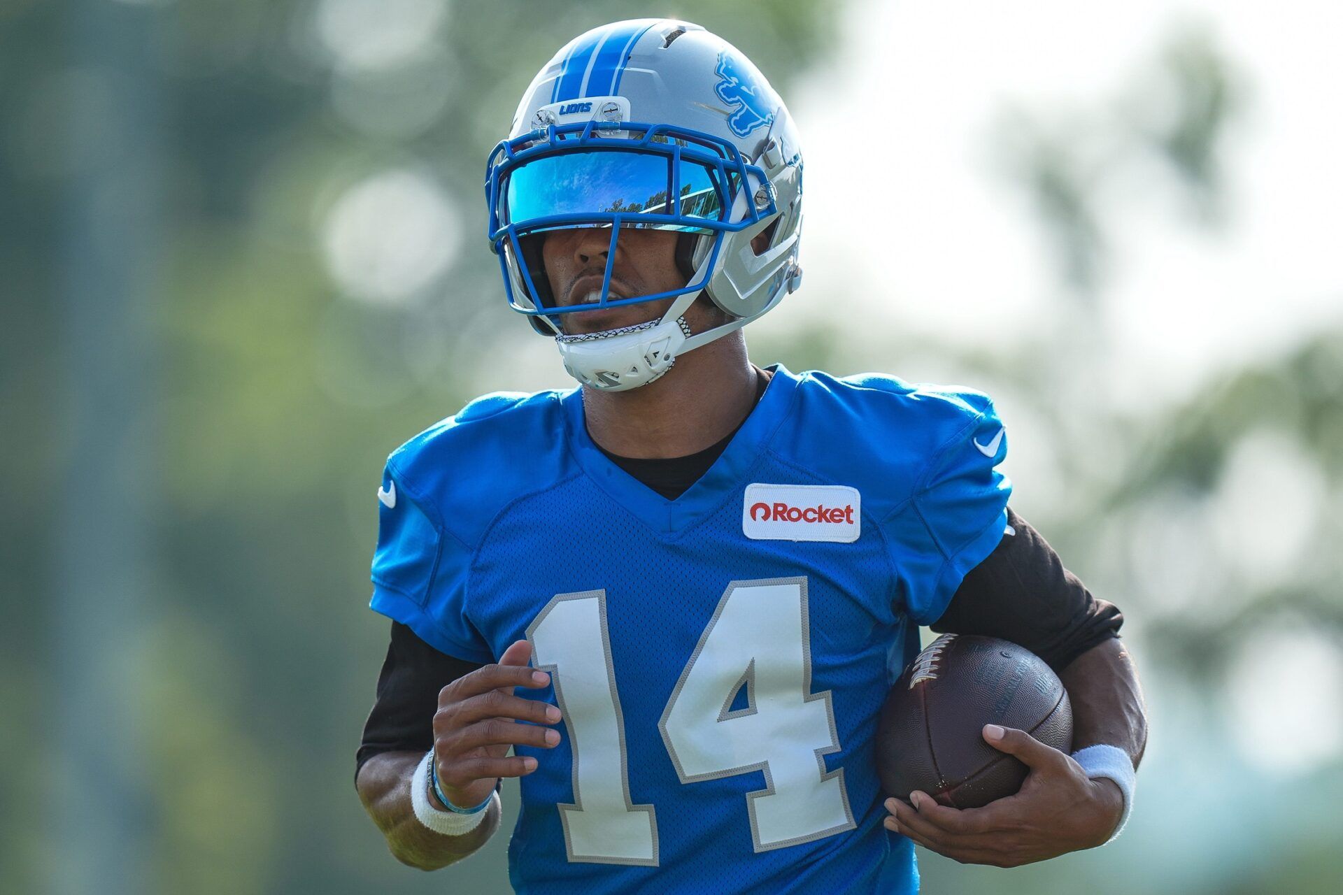 Detroit Lions wide receiver Amon-Ra St. Brown (14) practices during training camp at Meijer Performance Center in Allen Park on Thursday, July 24, 2025.