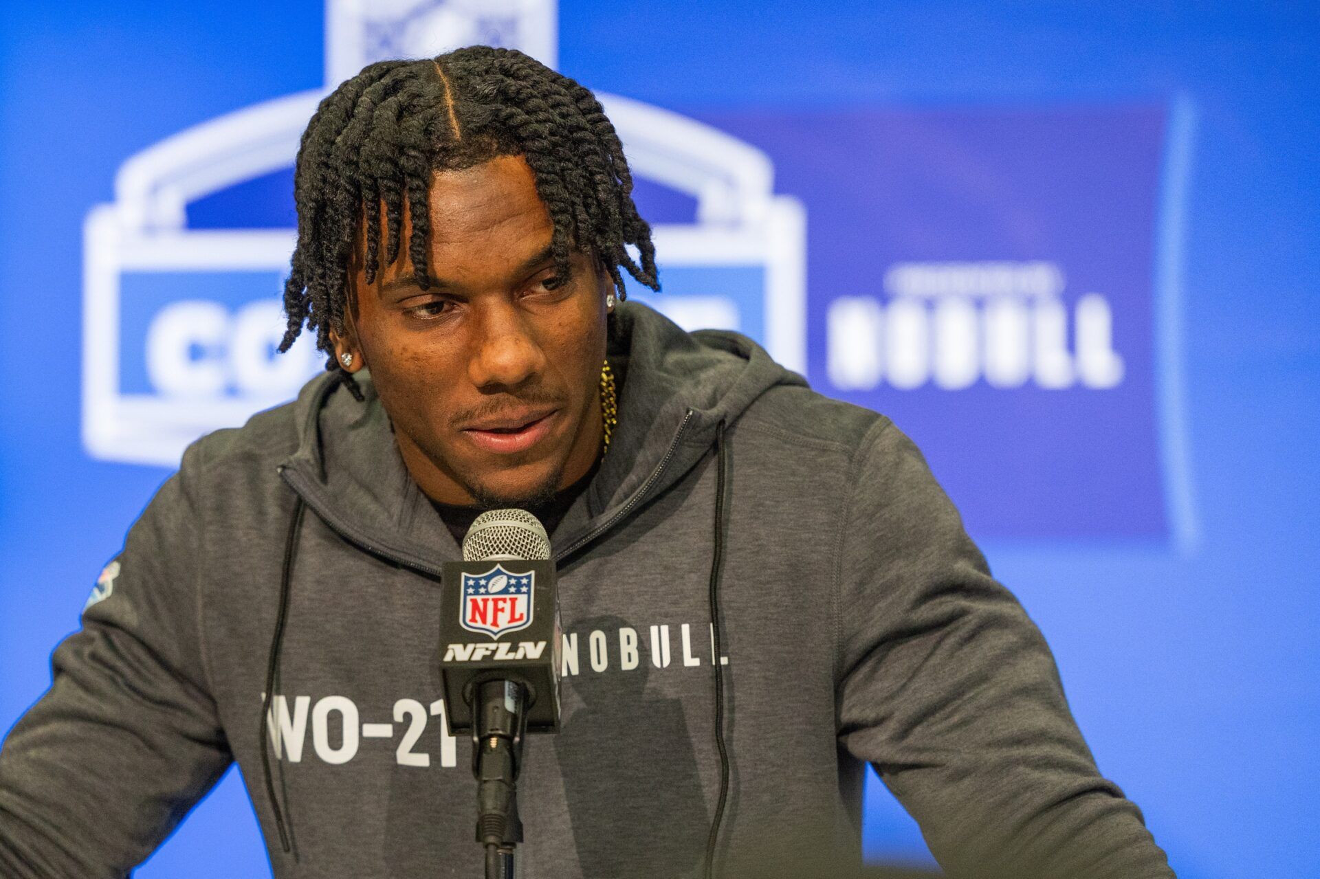 LSU Tigers WR Malik Nabers talks to the media at the NFL Scouting Combine.