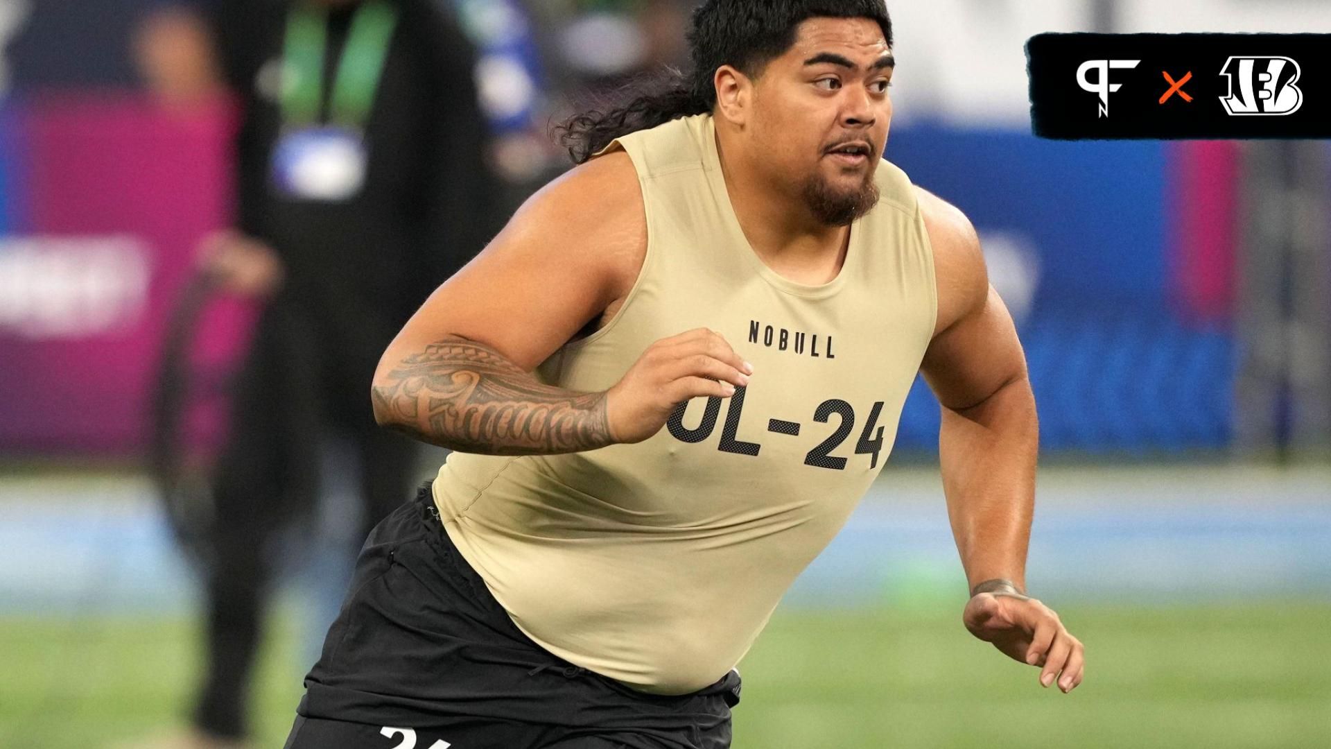 Oregon State offensive lineman Taliese Fuaga (OL24) during the 2024 NFL Combine at Lucas Oil Stadium.