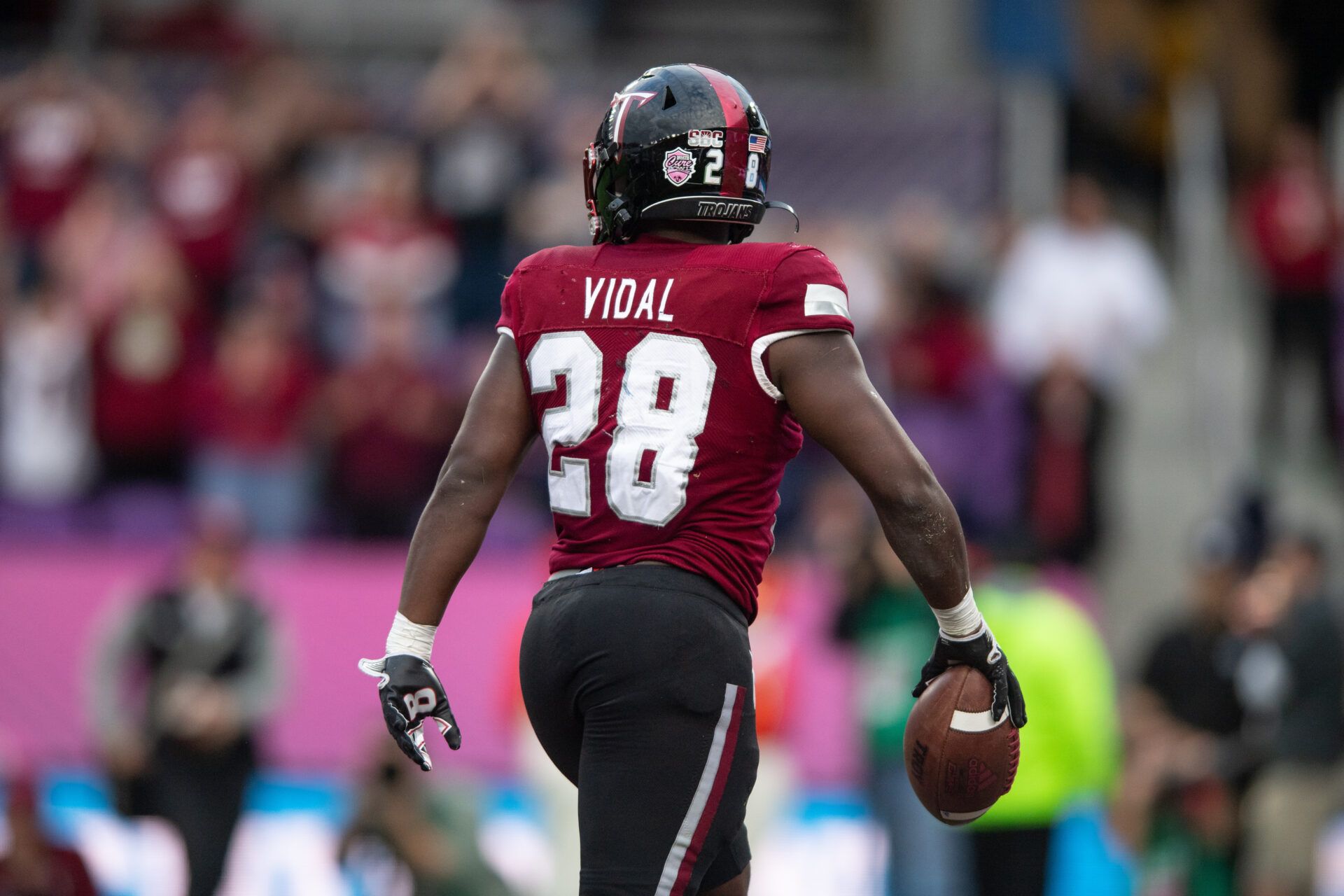 Troy Trojans running back Kimani Vidal (28) scores a touchdown against UTSA Roadrunners in the second quarter at Exploria Stadium.