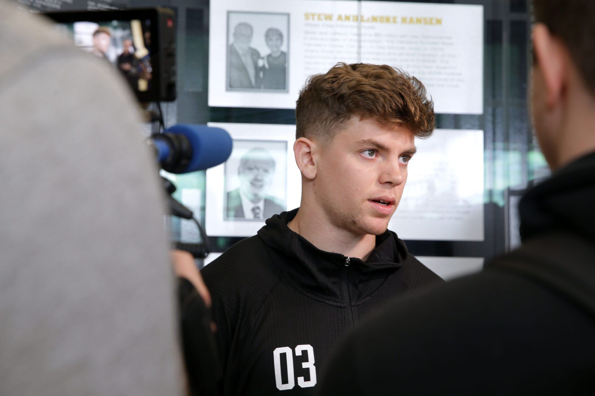 Iowa’s defensive back Cooper DeJean talks to the media following his Pro Day Monday, March 18, 2024 in Iowa City, Iowa.