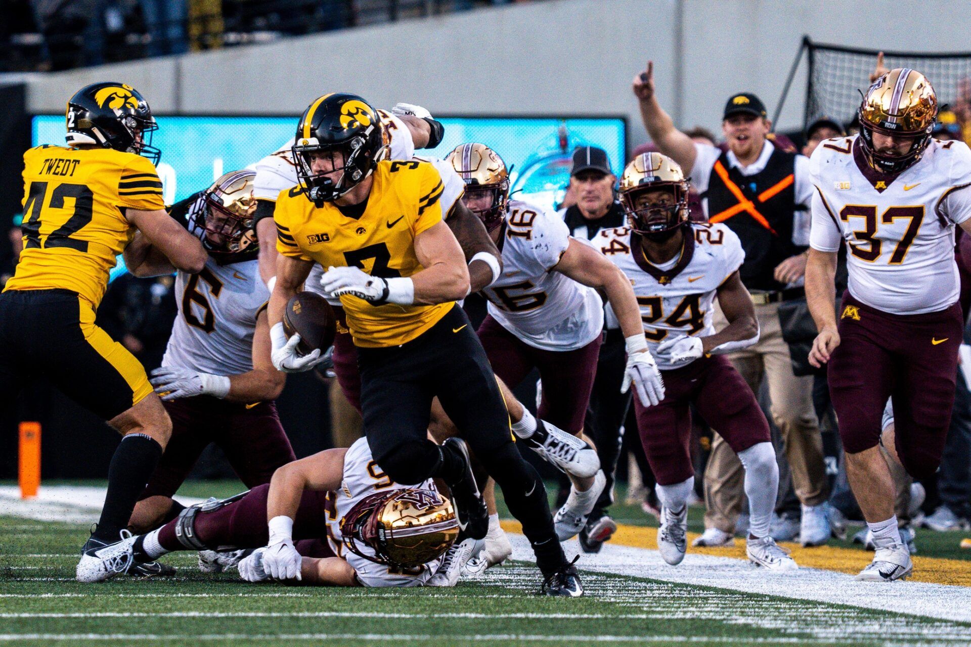 Iowa defensive back Cooper DeJean (3) runs back a punt for a touchdown at Kinnick Stadium on Saturday, October 21, 2023 in Iowa City. The touchdown was overturned after review.