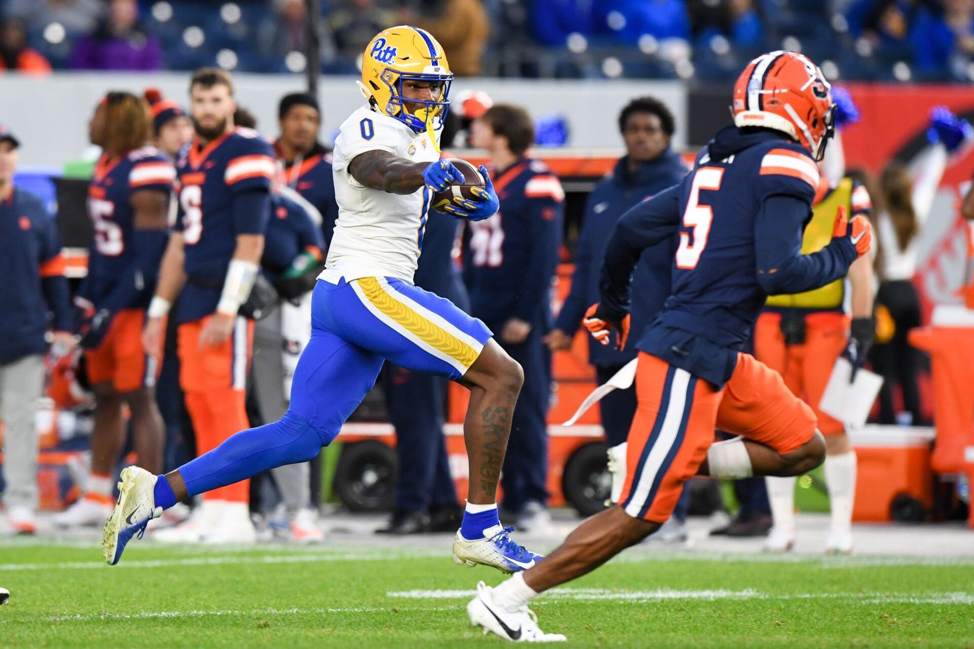 Pittsburgh Panthers wide receiver Bub Means (0) runs with the ball against the Syracuse Orange during the first half at Yankee Stadium.