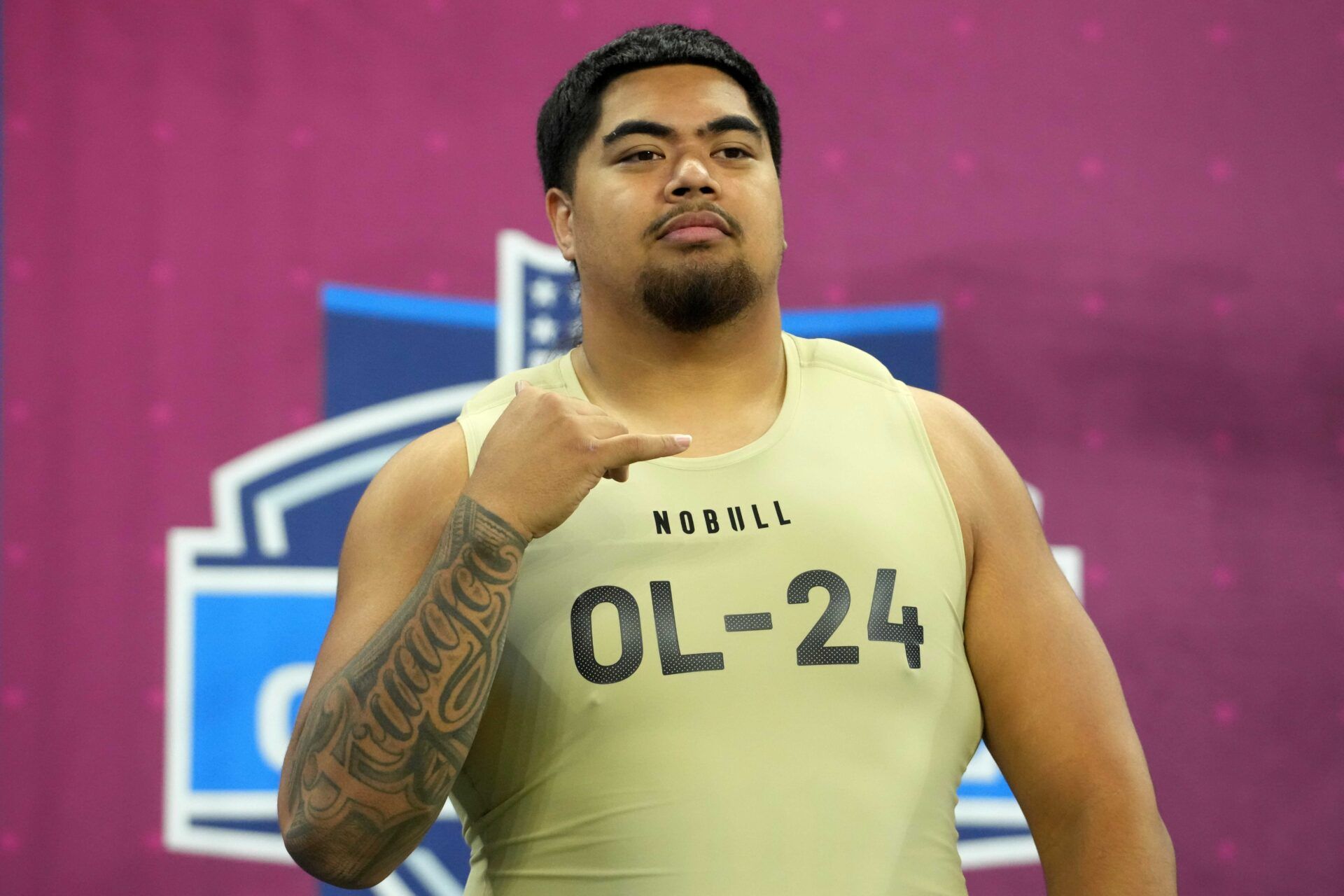 Oregon State offensive lineman Taliese Fuaga (OL24) poses during the 2024 NFL Scouting Combine at Lucas Oil Stadium.