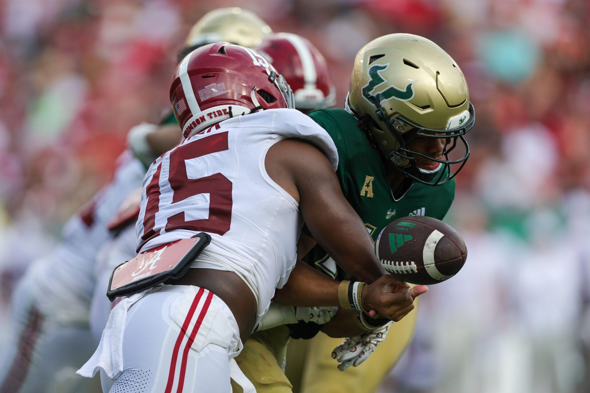 Alabama Crimson Tide linebacker Dallas Turner (15) forces a fumble by South Florida Bulls quarterback Byrum Brown (17) in the second quarter at Raymond James Stadium.