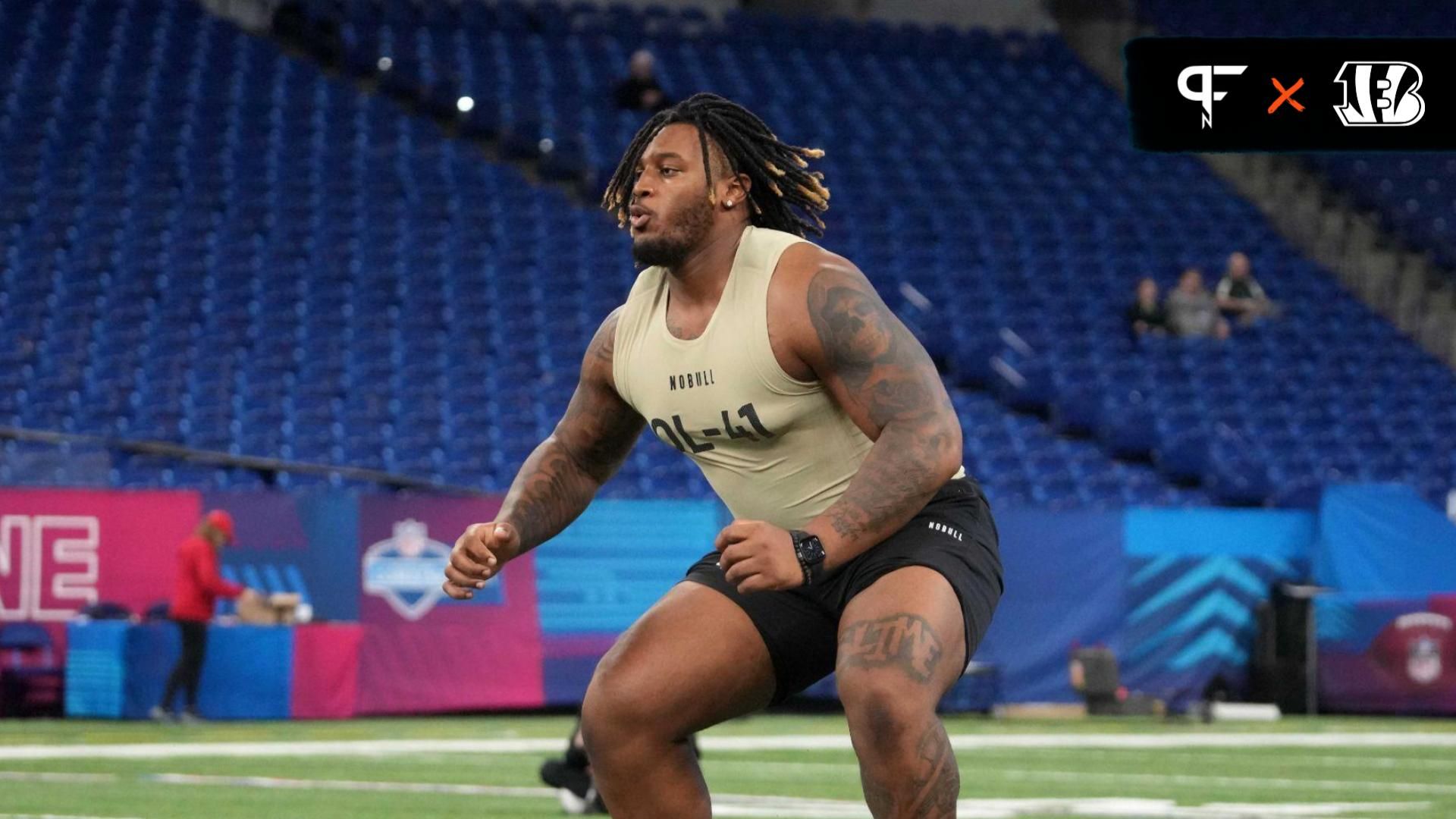 Alabama offensive lineman JC Latham (OL41) during the 2024 NFL Scouting Combine at Lucas Oil Stadium.