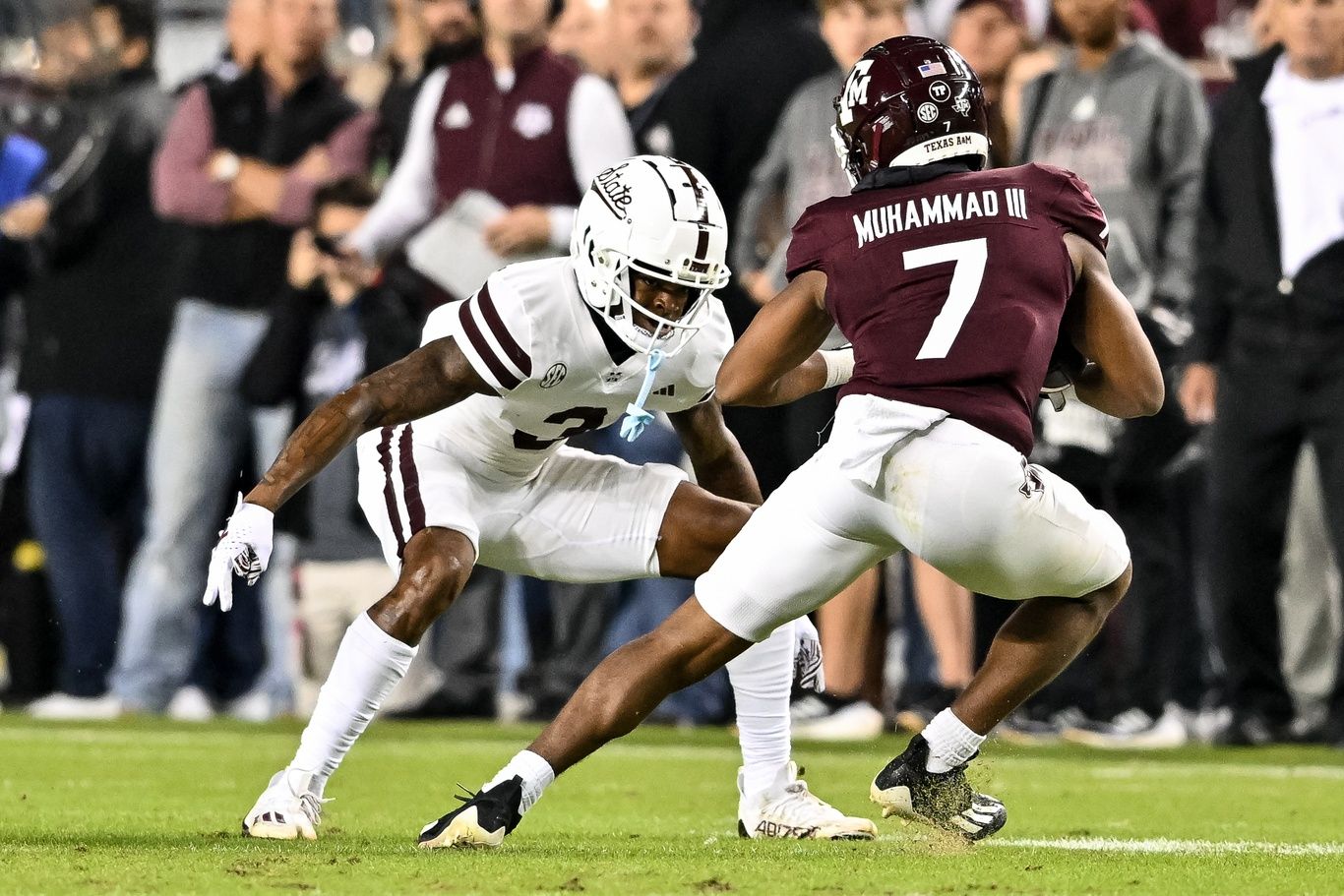 Mississippi State Bulldogs cornerback Decamerion Richardson (3) in action against Texas A&M Aggies wide receiver Moose Muhammad III (7) during the first half at Kyle Field.