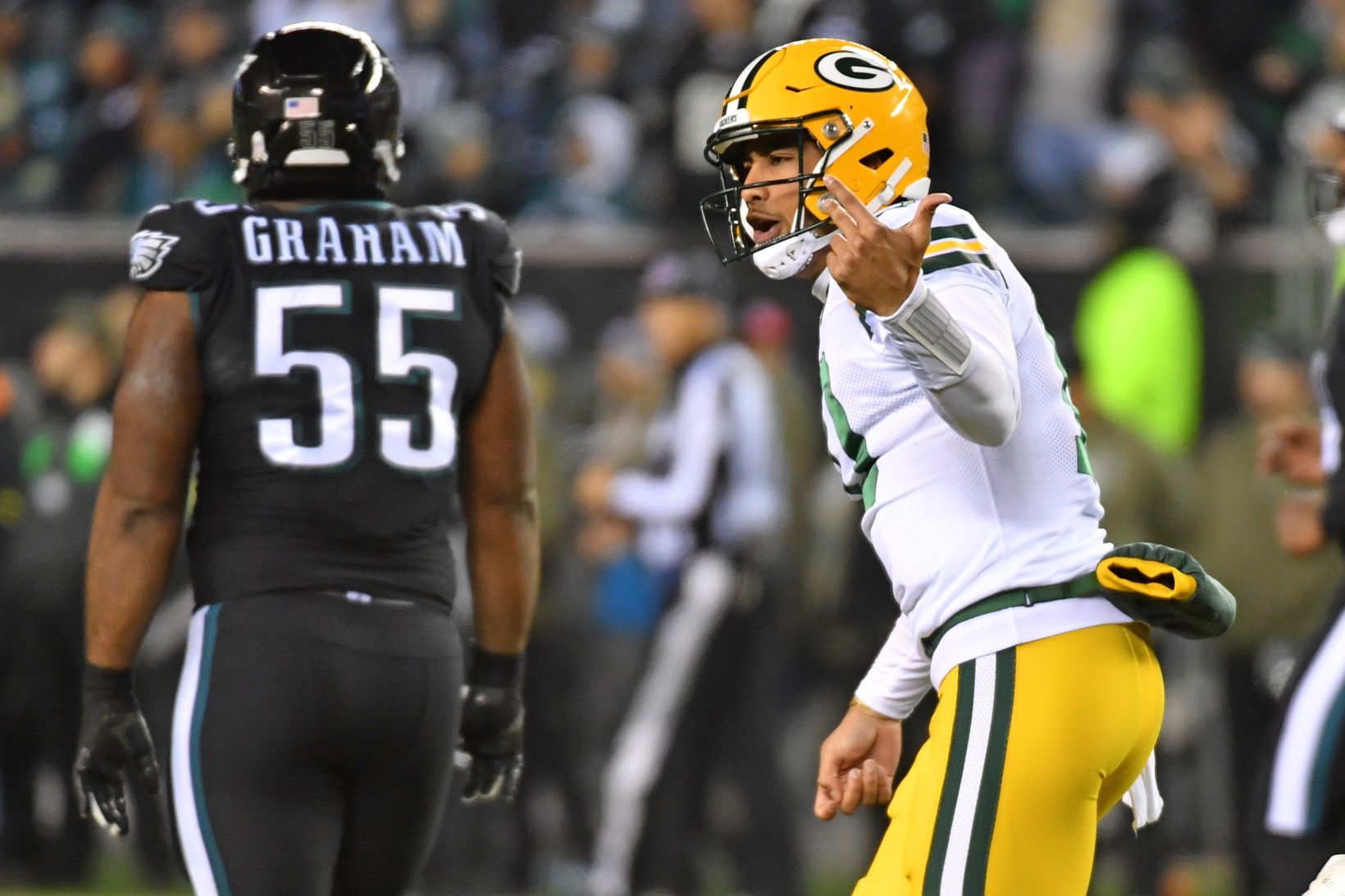 Green Bay Packers quarterback Jordan Love (10) celebrates his touchdown pass against the Philadelphia Eagles during the fourth quarter at Lincoln Financial Field.