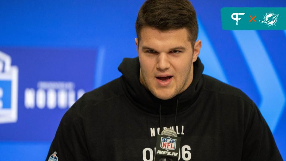 Duke offensive lineman Graham Barton (OL06) talks to the media during the 2024 NFL Combine at Lucas Oil Stadium.