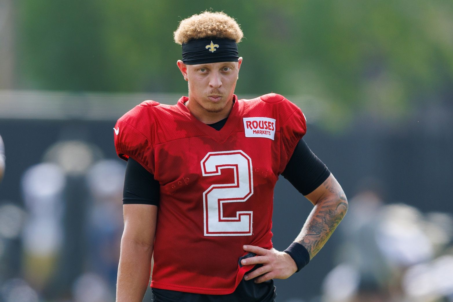 New Orleans Saints quarterback Spencer Rattler (2) looks on during training camp at Ochsner Sports Performance Center.