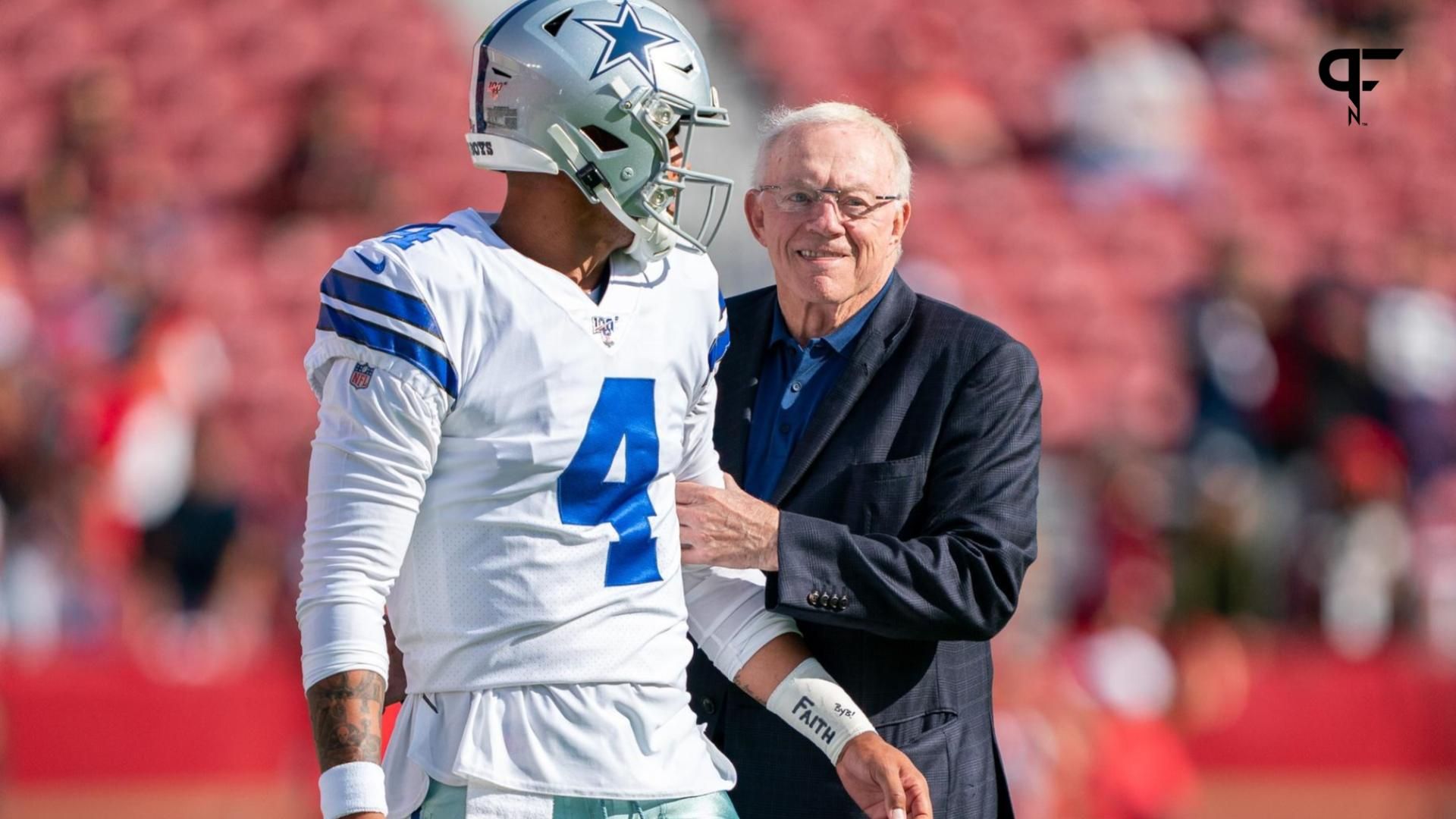 Dallas Cowboys quarterback Dak Prescott (4) and owner Jerry Jones (right) before the game against the San Francisco 49ers at Levi's Stadium.