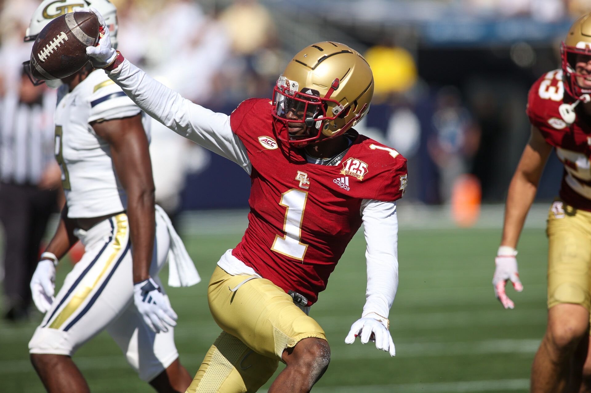 Boston College Eagles defensive back Elijah Jones (1) reacts after an interception against the Georgia Tech Yellow Jackets in the fourth quarter at Bobby Dodd Stadium at Hyundai Field.