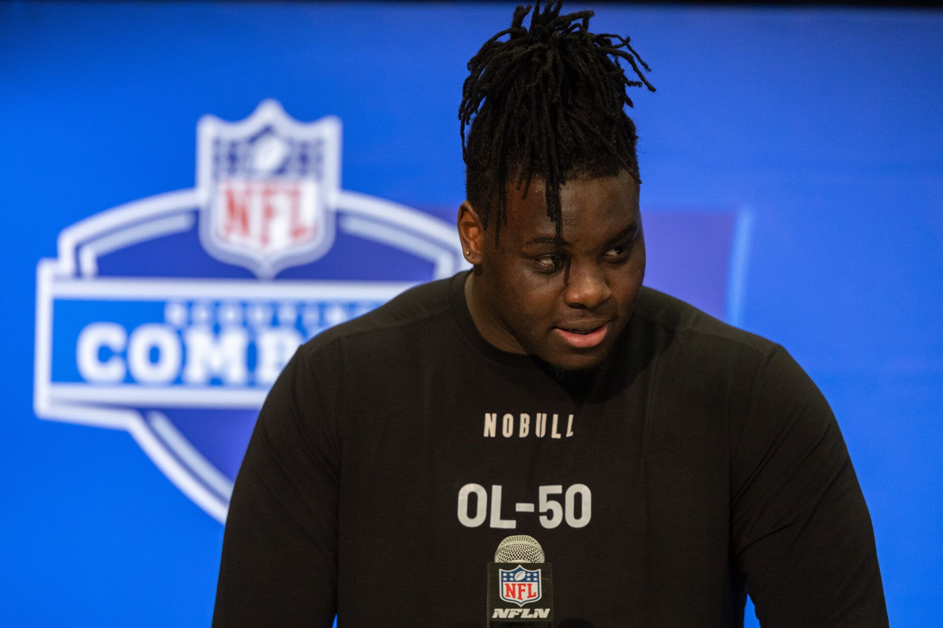 Georgia offensive lineman Amarius Mims (OL50) talks to the media during the 2024 NFL Combine at Lucas Oil Stadium.