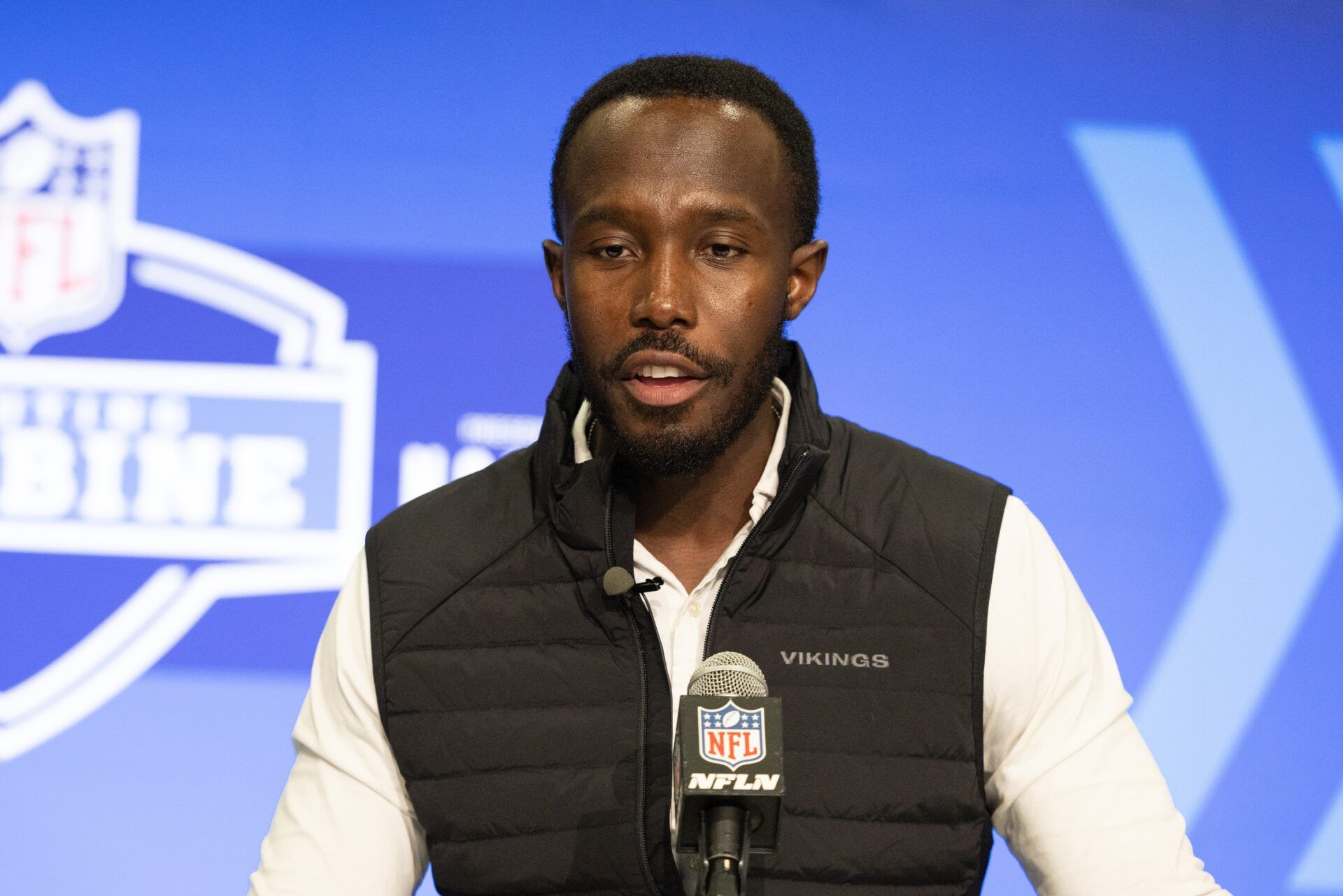 Minnesota Vikings general manager Kwesi Adofo-Mensah talks to the media at the 2024 NFL Combine at Indiana Convention Center.