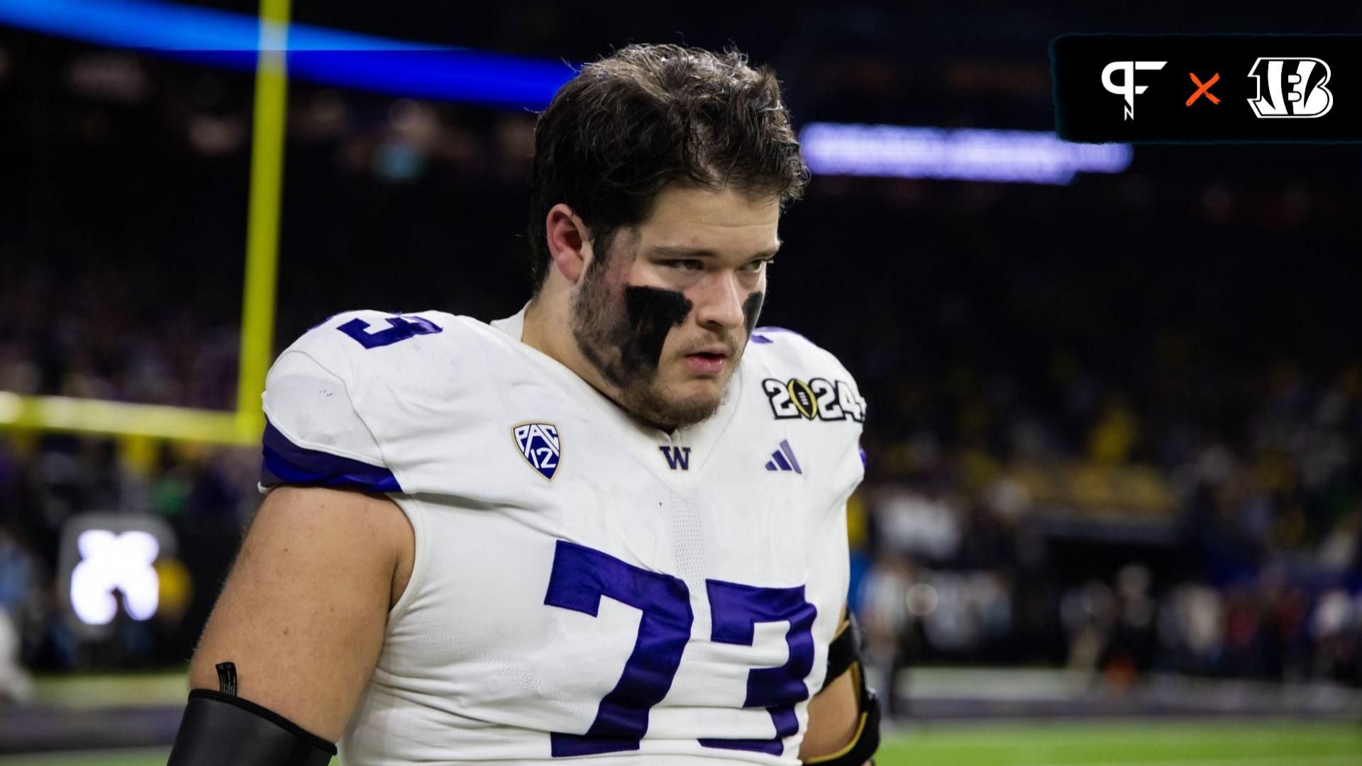 Washington Huskies offensive lineman Roger Rosengarten (73) against the Michigan Wolverines during the 2024 College Football Playoff national championship game at NRG Stadium.