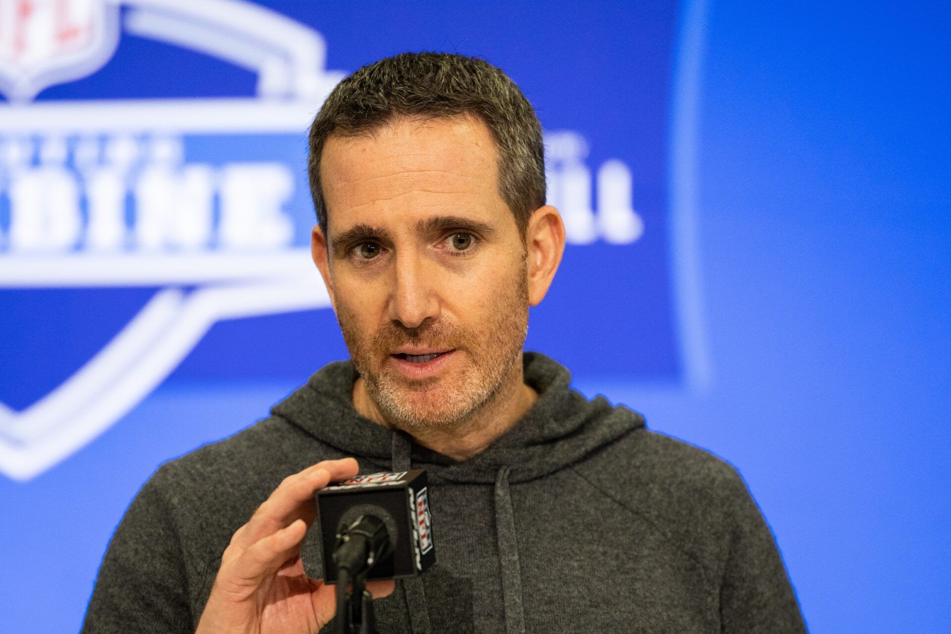 Philadelphia Eagles executive vice president Howie Roseman talks to the media at the 2024 NFL Combine at Indiana Convention Center.