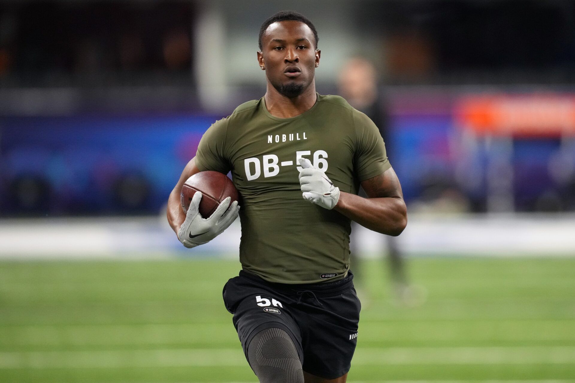 Minnesota defensive back Tyler Nubin (DB56) works out during the 2024 NFL Combine at Lucas Oil Stadium.