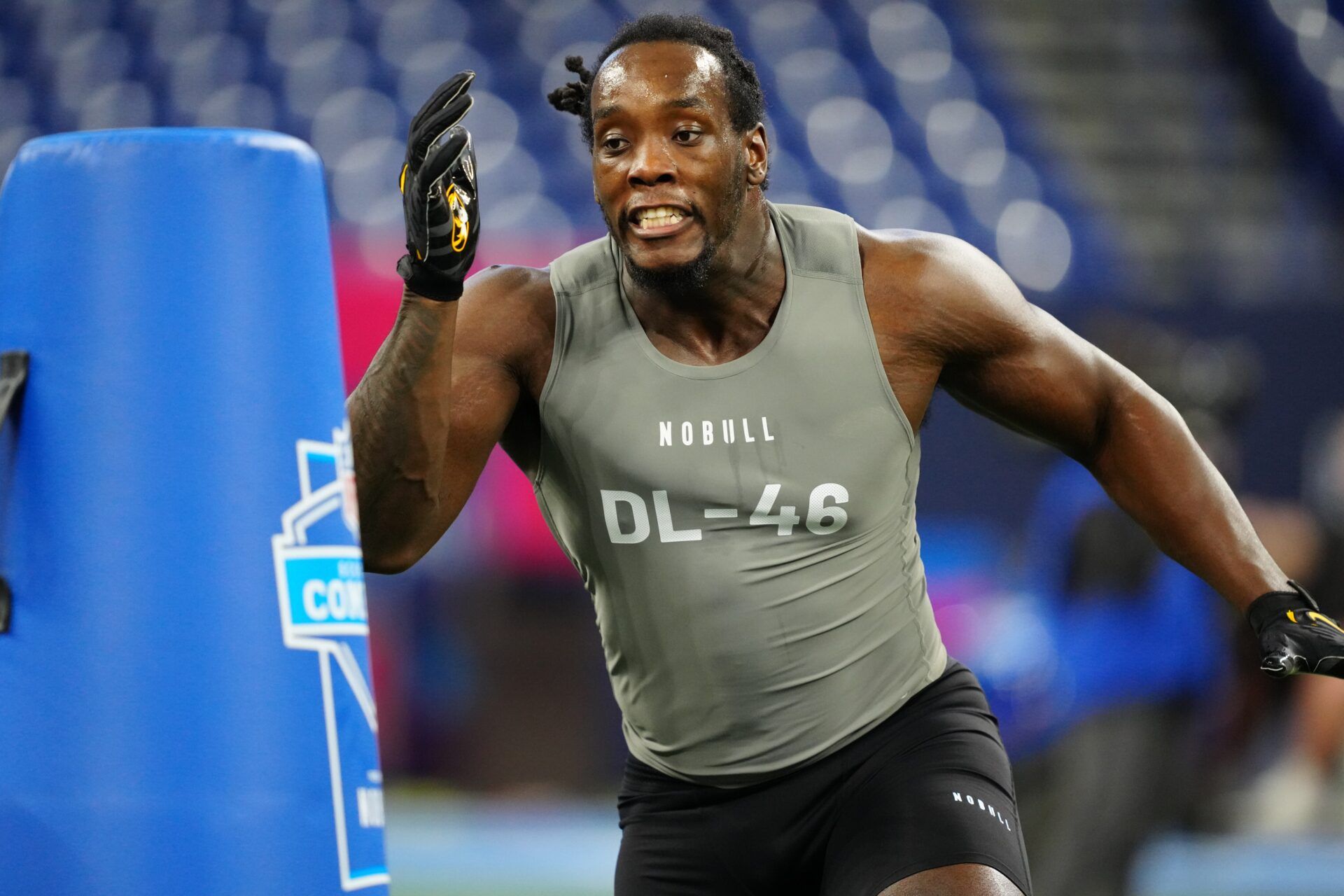 Missouri defensive lineman Darius Robinson (DL46) works out during the 2024 NFL Combine at Lucas Oil Stadium.