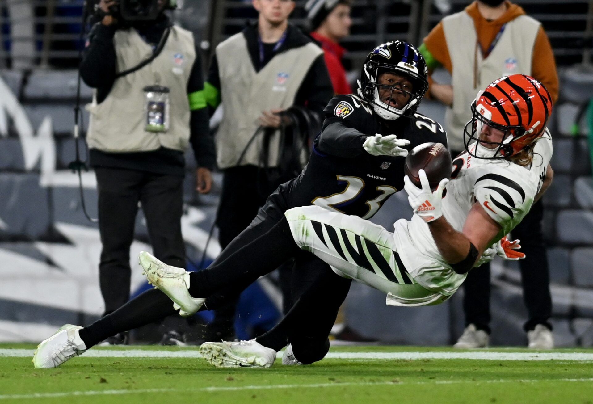 Baltimore Ravens cornerback Rock Ya-Sin (23) is called for pass interference against Cincinnati Bengals wide receiver Trenton Irwin (16) during the third quarter at M&T Bank Stadium.