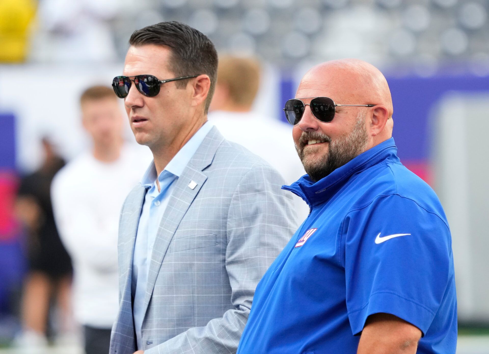 Aug 26, 2023; East Rutherford, New Jersey, USA; New York Giants head coach Brian Daboll (right) and general manager Joe Schoen (left) talk before a game against the New York Jets at MetLife Stadium. Mandatory Credit: Robert Deutsch-USA TODAY Sports