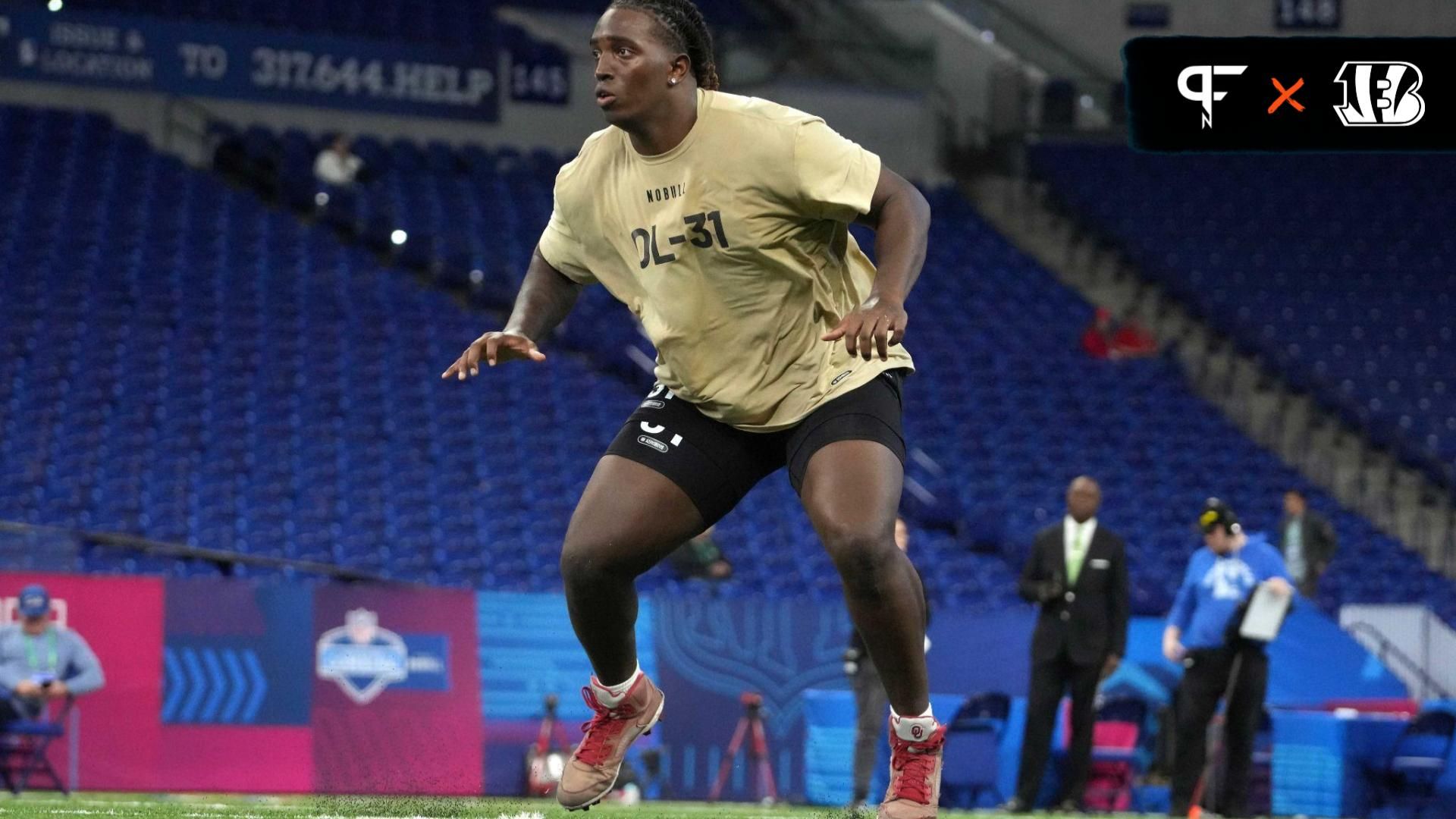 Oklahoma offensive lineman Tyler Guyton (OL31) during the 2024 NFL Scouting Combine at Lucas Oil Stadium.