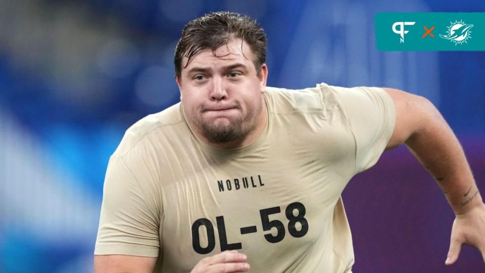 Oregon offensive lineman Jackson Powers-Johnson (OL58) during the 2024 NFL Combine at Lucas Oil Stadium.