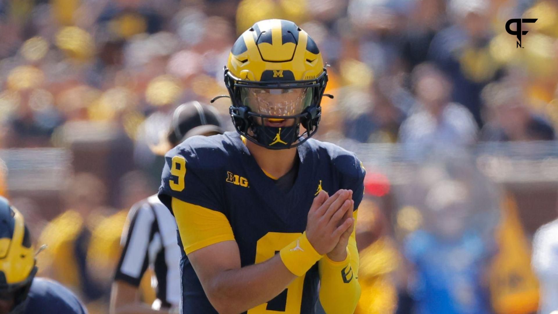 Michigan Wolverines quarterback J.J. McCarthy (9) prepares to run a play against the Rutgers Scarlet Knights in the second half at Michigan Stadium.