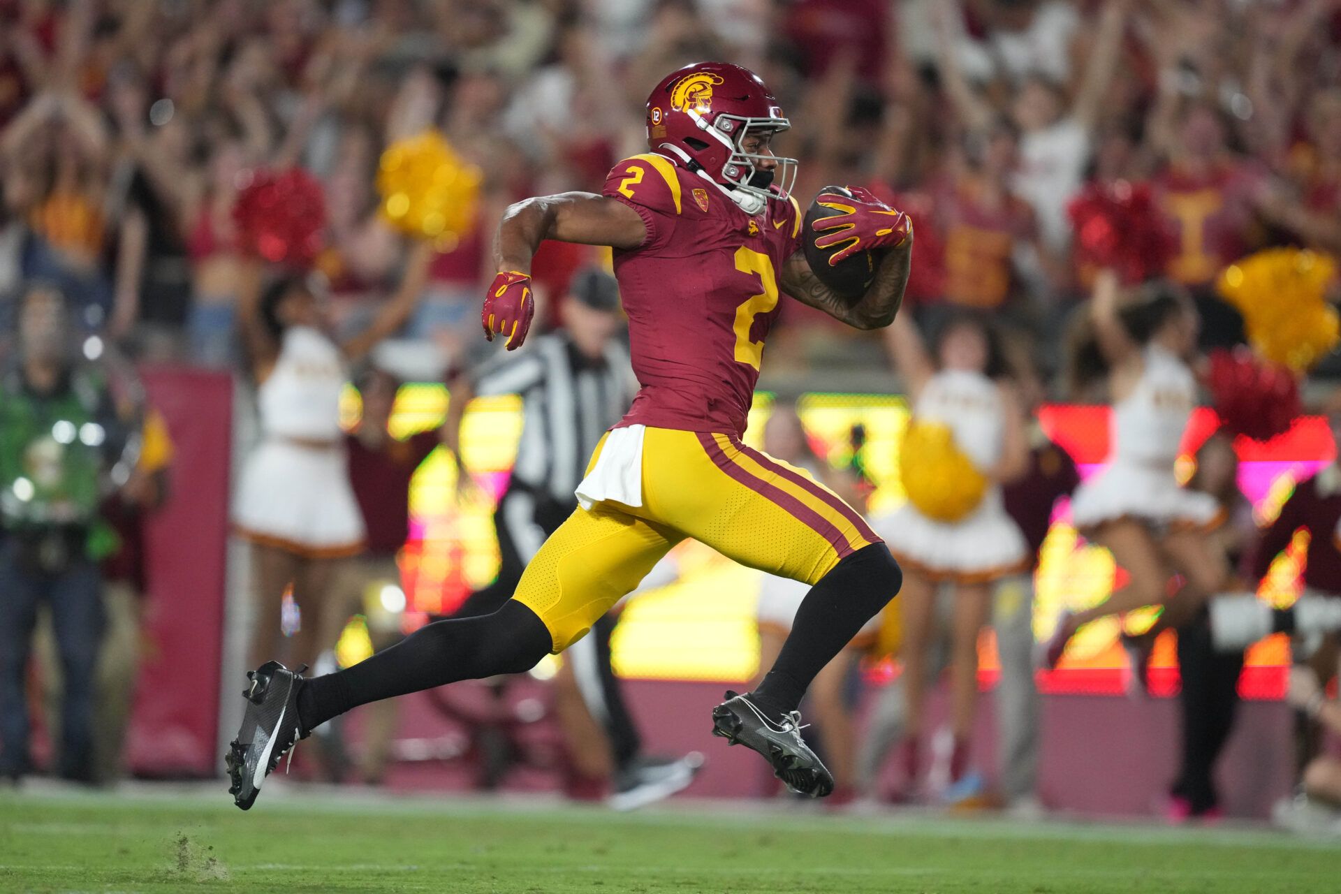 Southern California Trojans wide receiver Brenden Rice (2) scores on a 75-yard touchdown reception against the Stanford Cardinal in the first half at United Airlines Field at Los Angeles Memorial Coliseum.