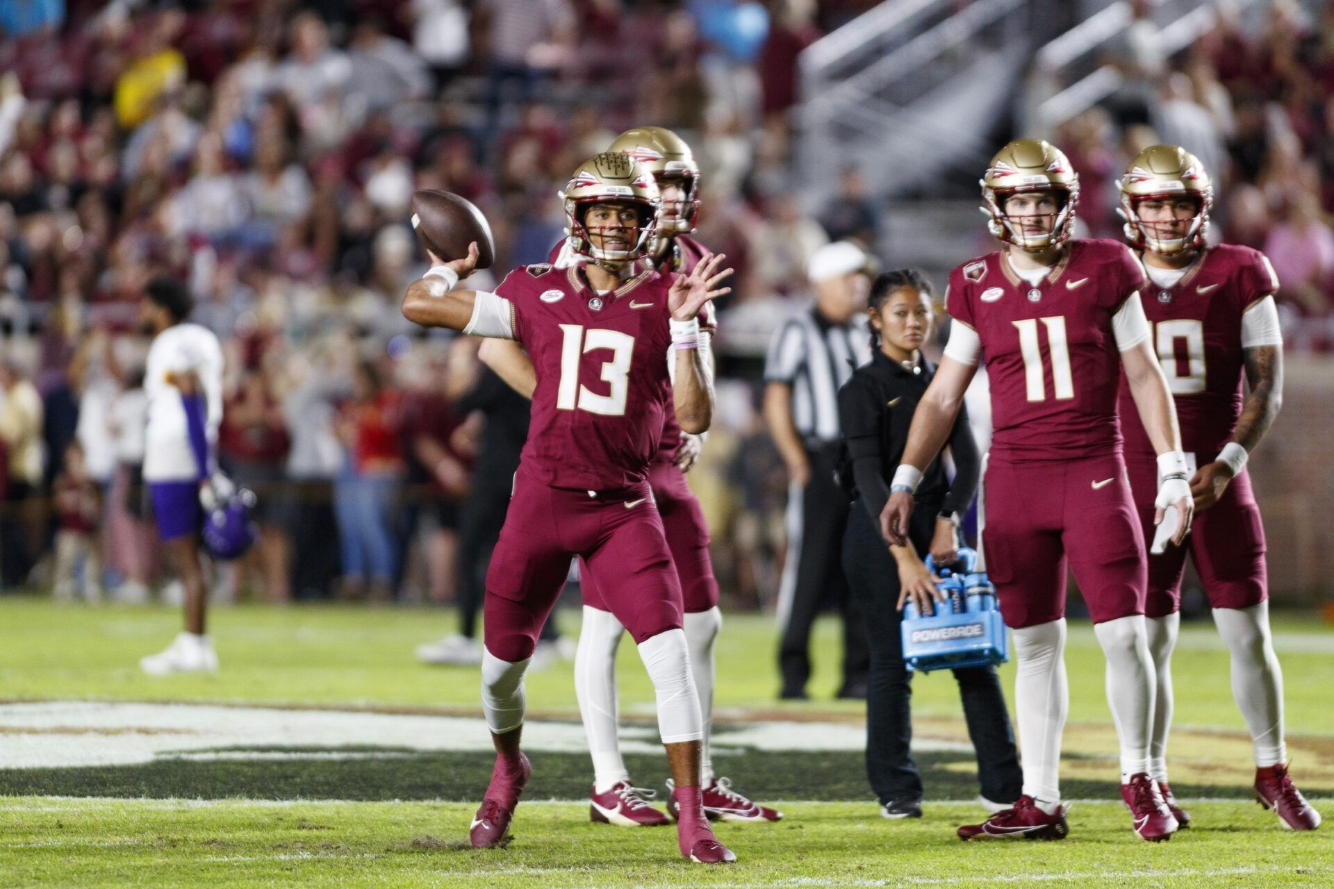 Florida State Seminoles quarterback Jordan Travis (13) throws a pass during the warm ups against the North Alabama Lions at Doak S. Campbell Stadium.