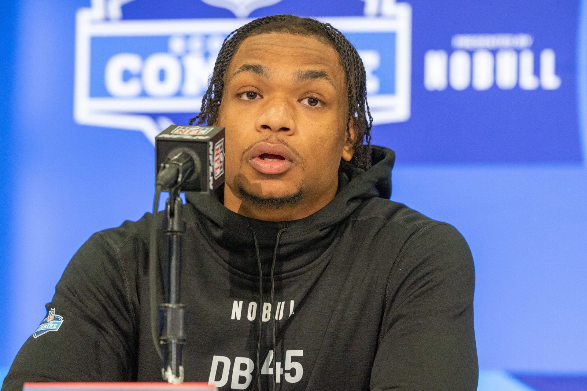 Maryland defensive back Beau Brade (DB45) talks to the media during the 2024 NFL Combine at Lucas Oil Stadium.