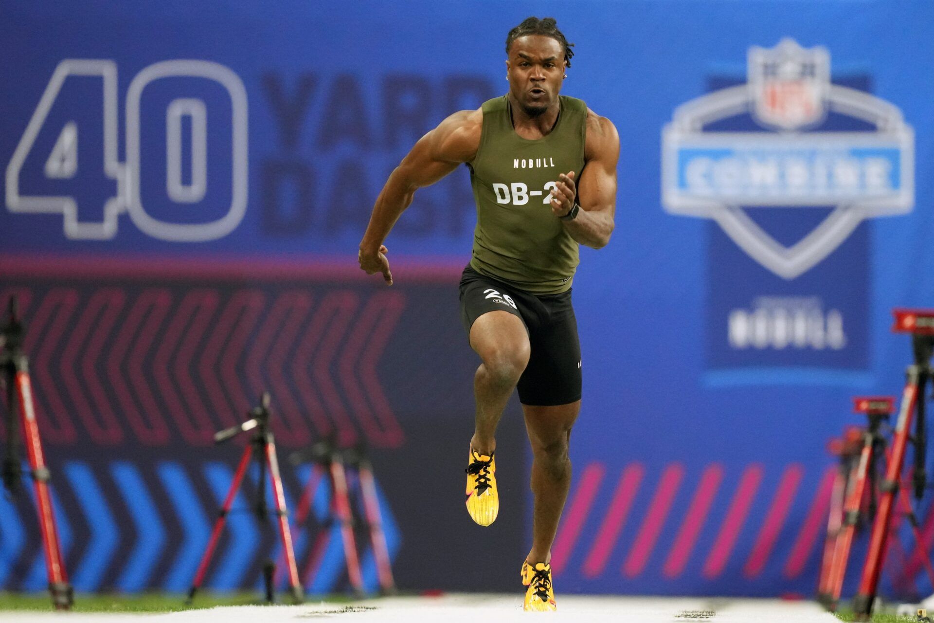 Rutgers defensive back Max Melton (DB26) works out during the 2024 NFL Combine at Lucas Oil Stadium.