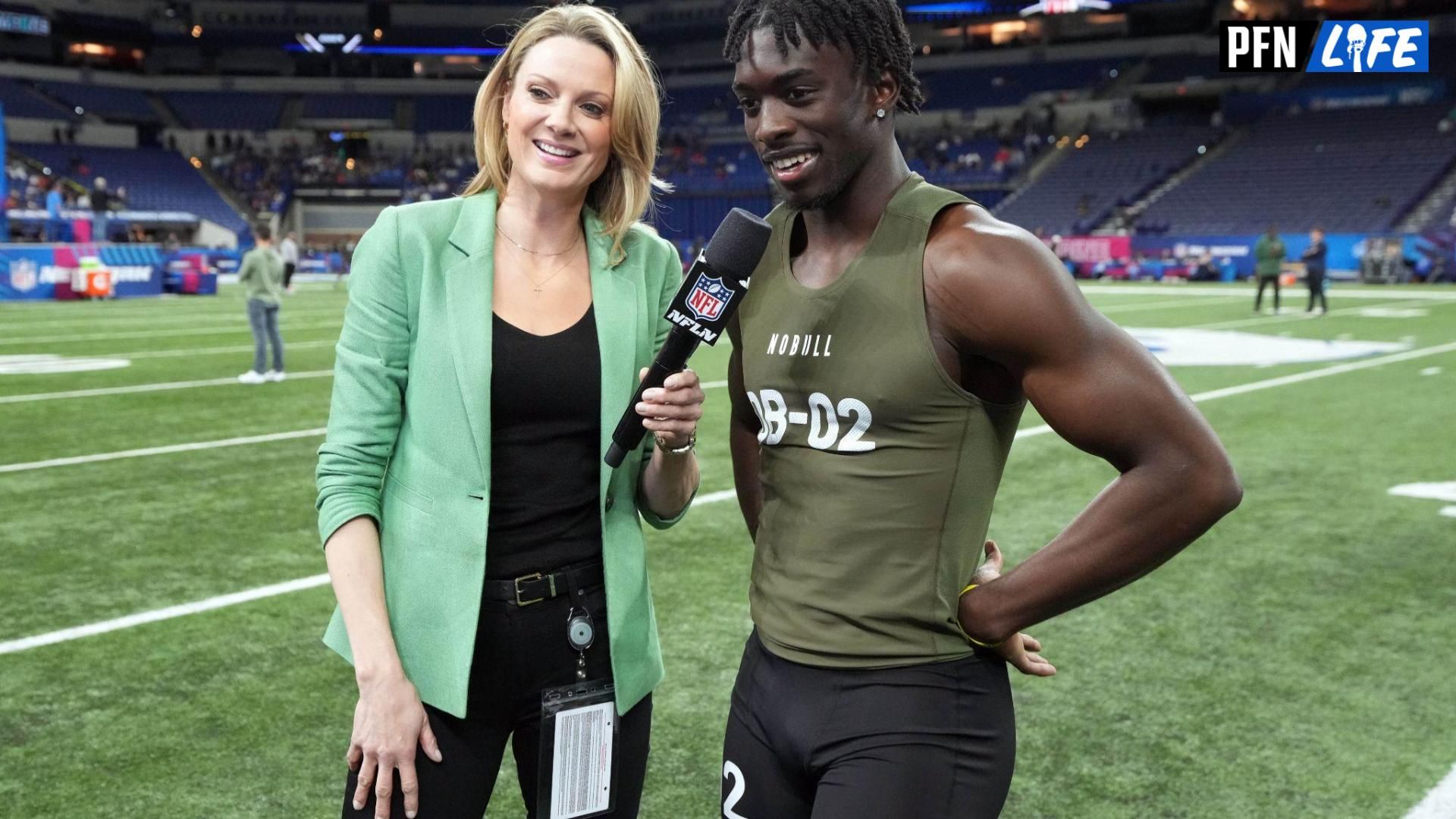 NFL Network reporter Stacey Dales interviews Alabama defensive back Terrion Arnold (DB02) during the 2024 NFL Combine at Lucas Oil Stadium.