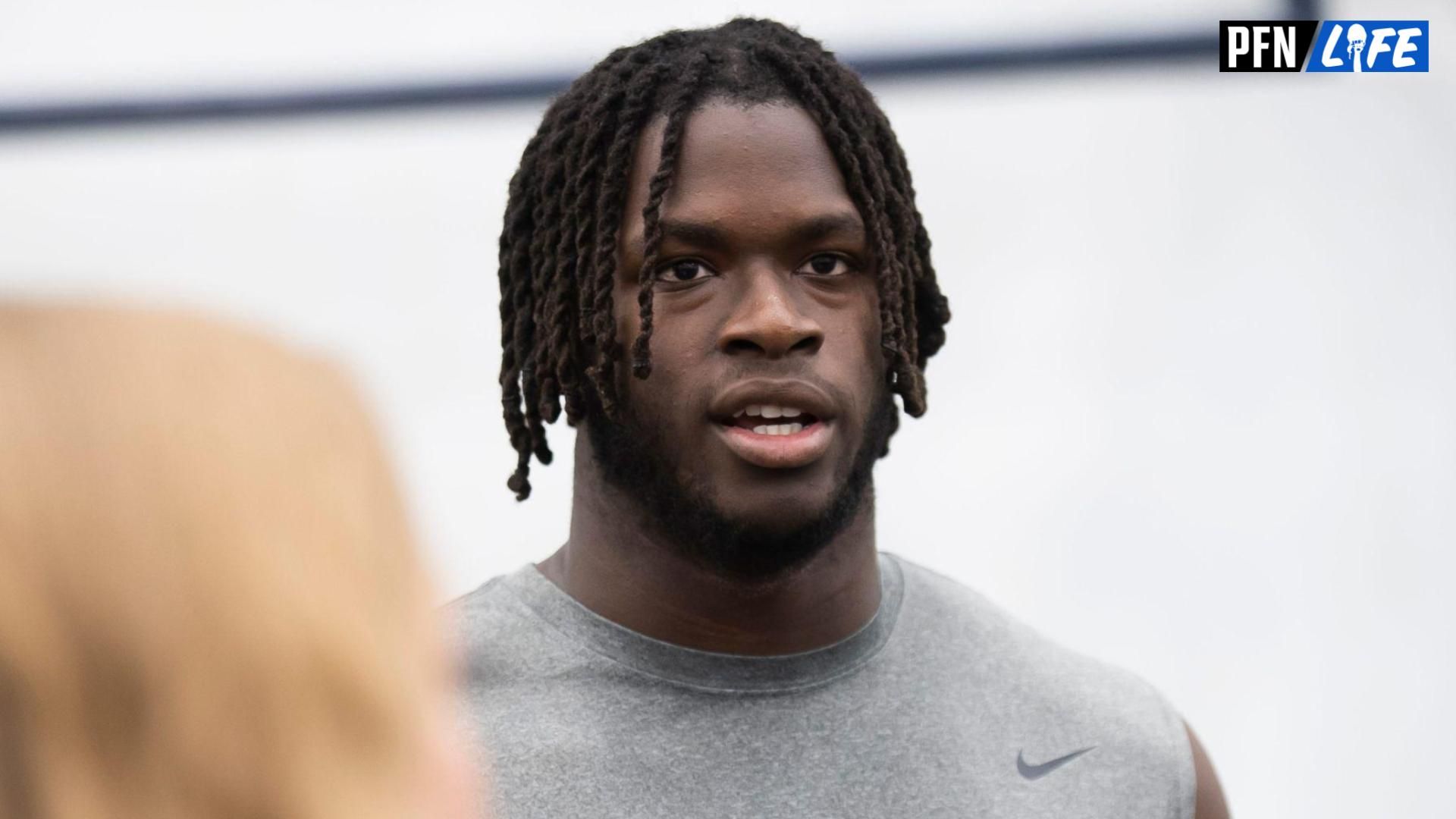 Offensive tackle Olu Fashanu talks with reporters during Penn State's Pro Day in Holuba Hall on March 15, 2024, in State College.