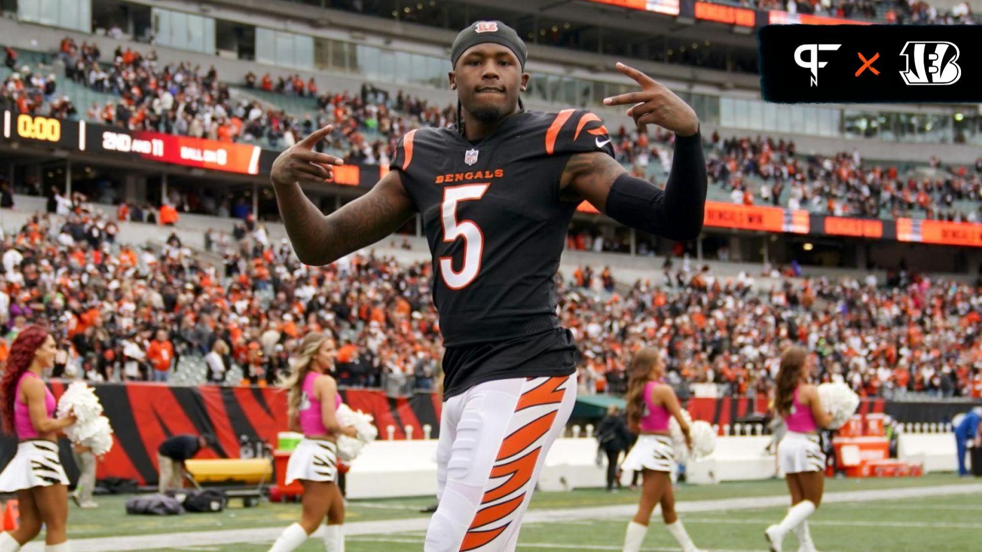 Cincinnati Bengals wide receiver Tee Higgins (5) walks off the field at the conclusion of an NFL football game between the Seattle Seahawks and the Cincinnati Bengals Sunday, Oct. 15, 2023, at Paycor Stadium in Cincinnati.