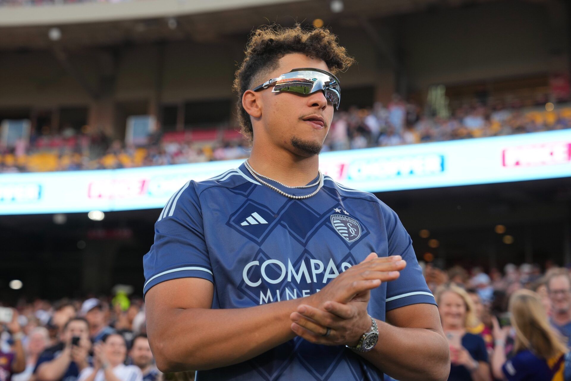 Kansas City Chiefs quarterback Patrick Mahomes before a match between Inter Miami CF and Sporting Kansas City at Children's Mercy Park.