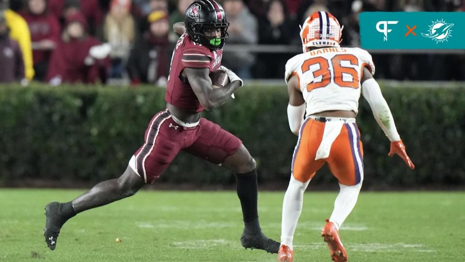 South Carolina Gamecocks wide receiver Xavier Legette (17) runs the ball against Clemson Tigers safety Khalil Barnes (36) at Williams-Brice Stadium.