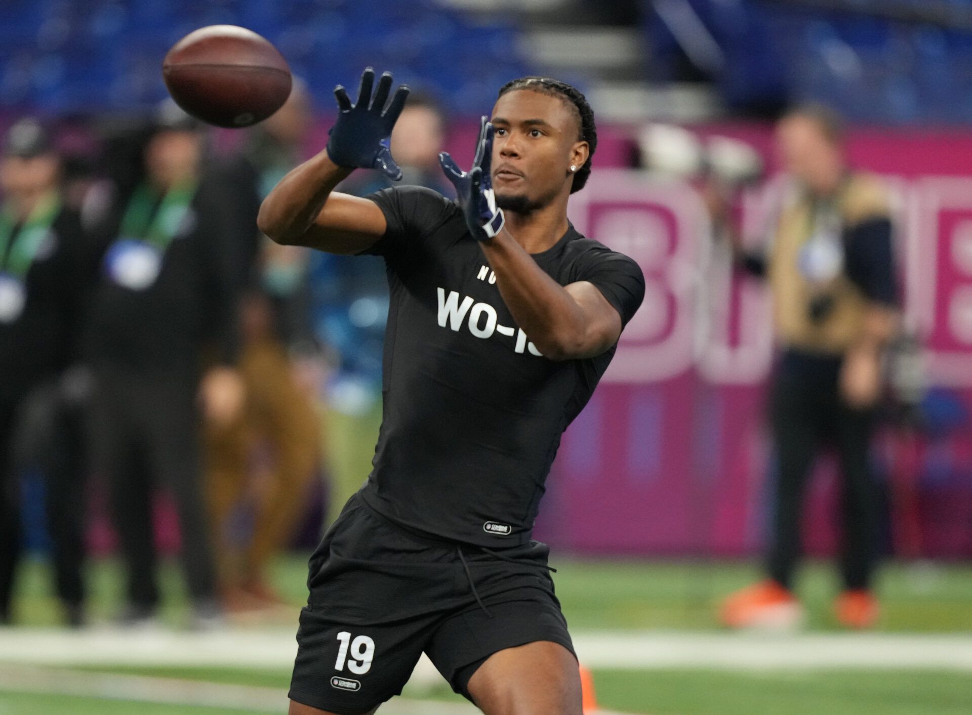 Texas wide receiver Adonai Mitchell (WO19) during the 2024 NFL Combine at Lucas Oil Stadium.