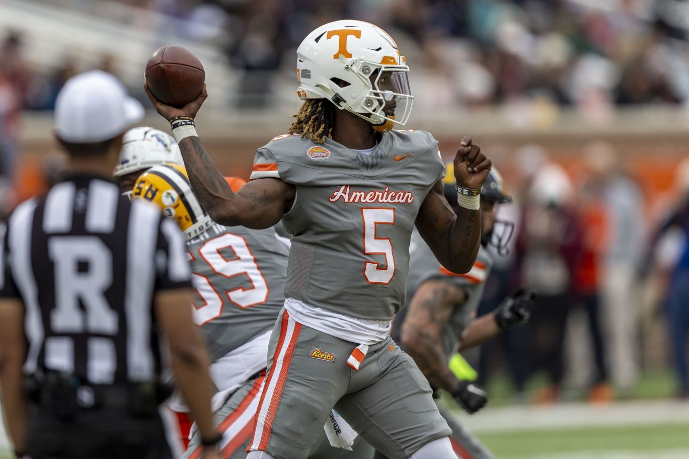 American quarterback Joe Milton III of Tennessee (5) throws the ball during the first half of the 2024 Senior Bowl football game at Hancock Whitney Stadium.