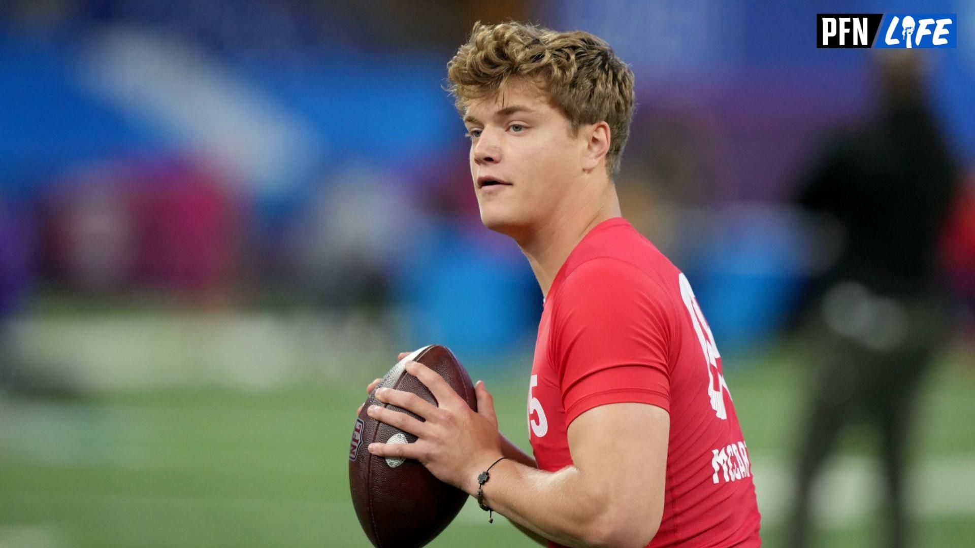 Michigan quarterback J J McCarthy (QB05) during the 2024 NFL Combine at Lucas Oil Stadium.