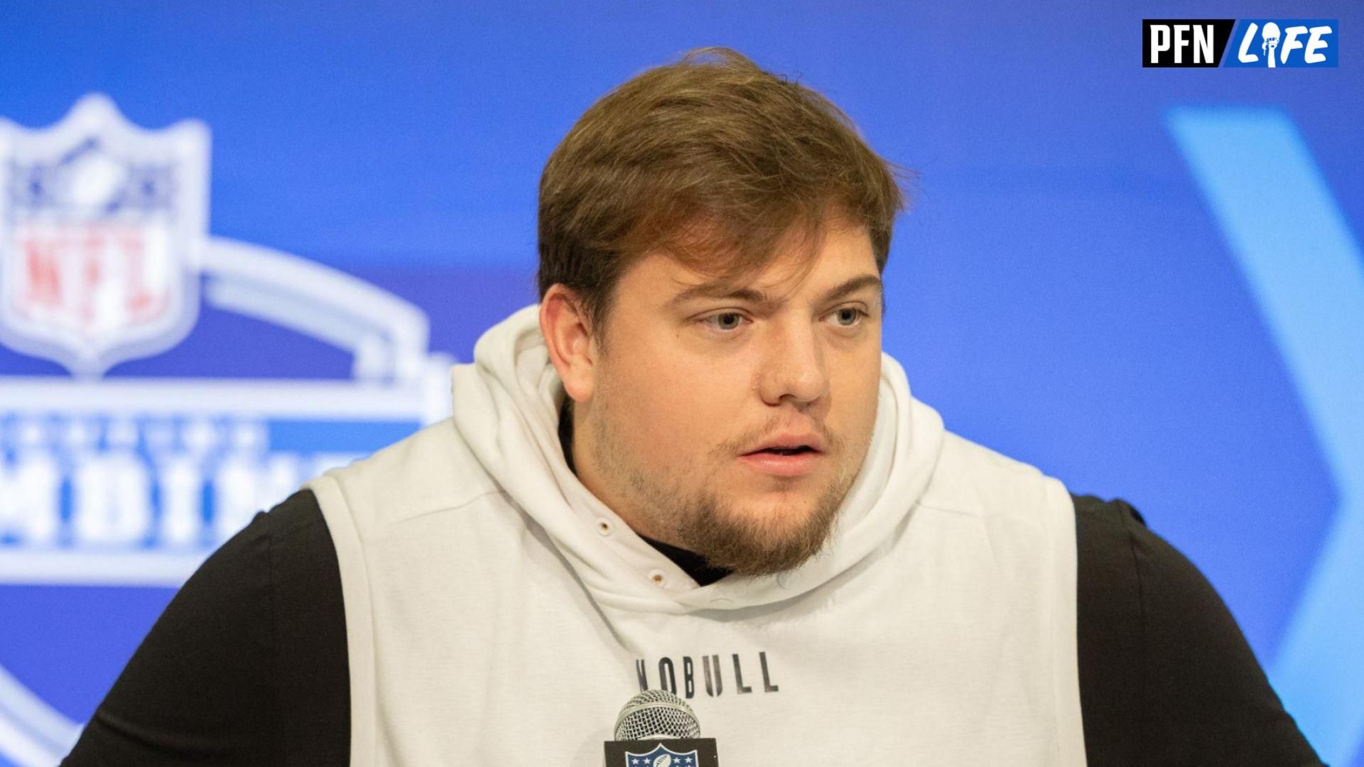 Oregon offensive lineman Jackson Powers-Johnson (OL58) talks to the media during the 2024 NFL Combine at Lucas Oil Stadium.